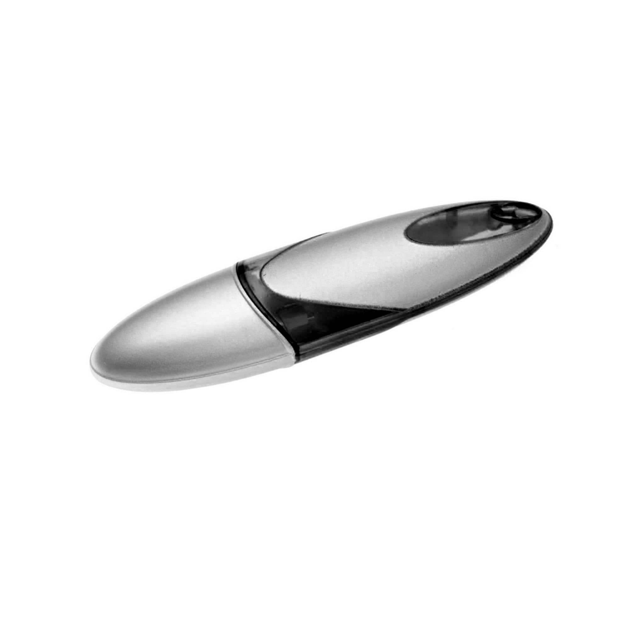 A silver and black flash drive with a sleek, oval design and a logo on the body.