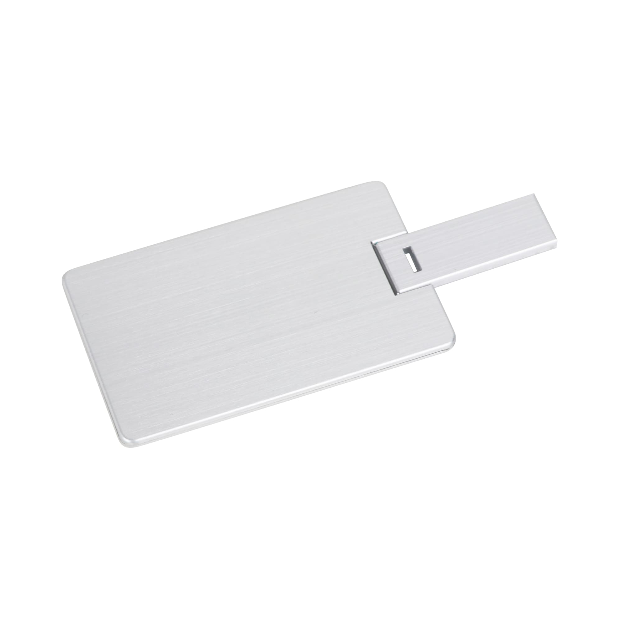 A small silver alloy card-shaped flash drive with a sliding connector and a sleek, minimalist design.