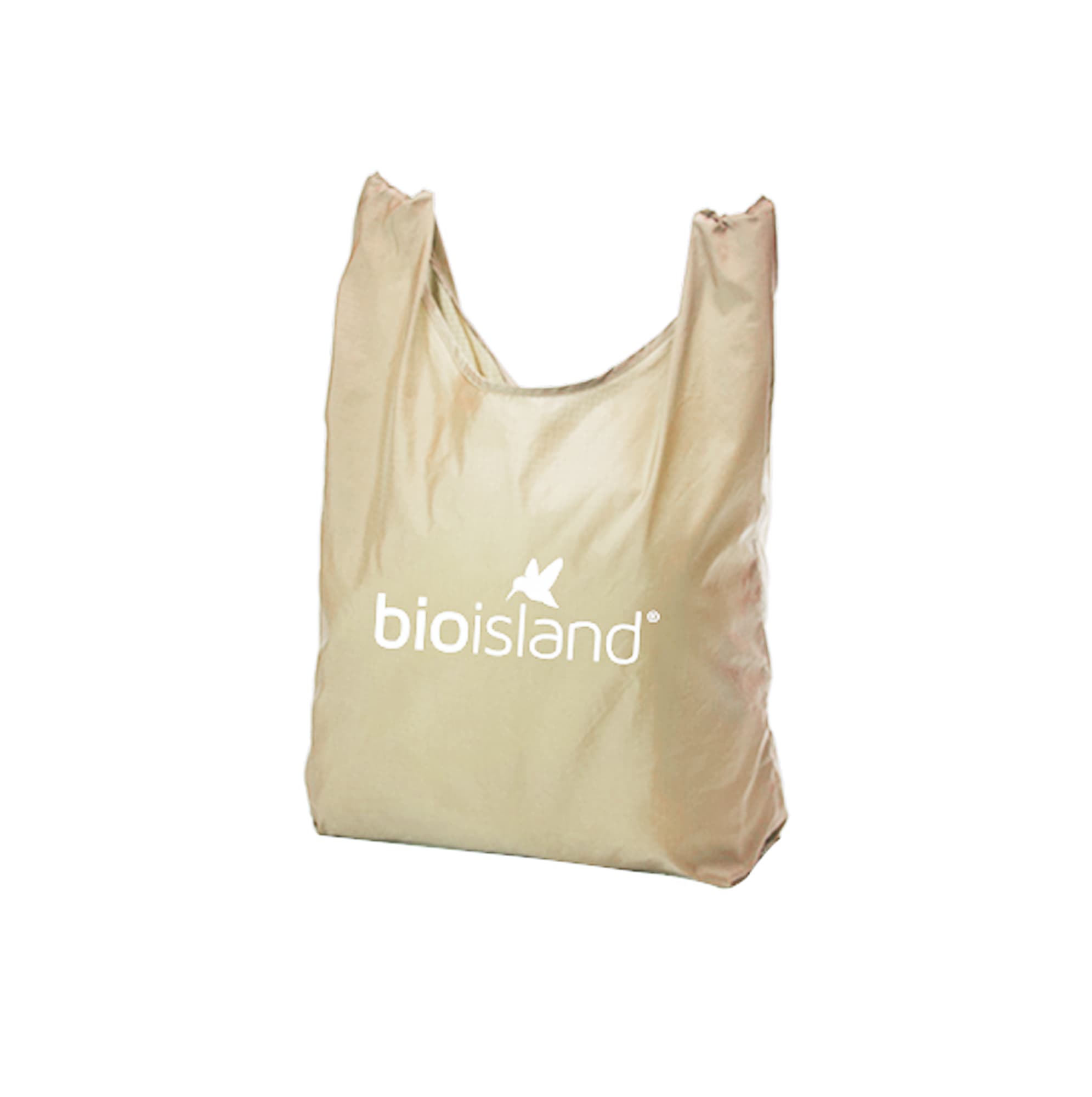 A foldable shopping tote bag in beige with a logo on the front.