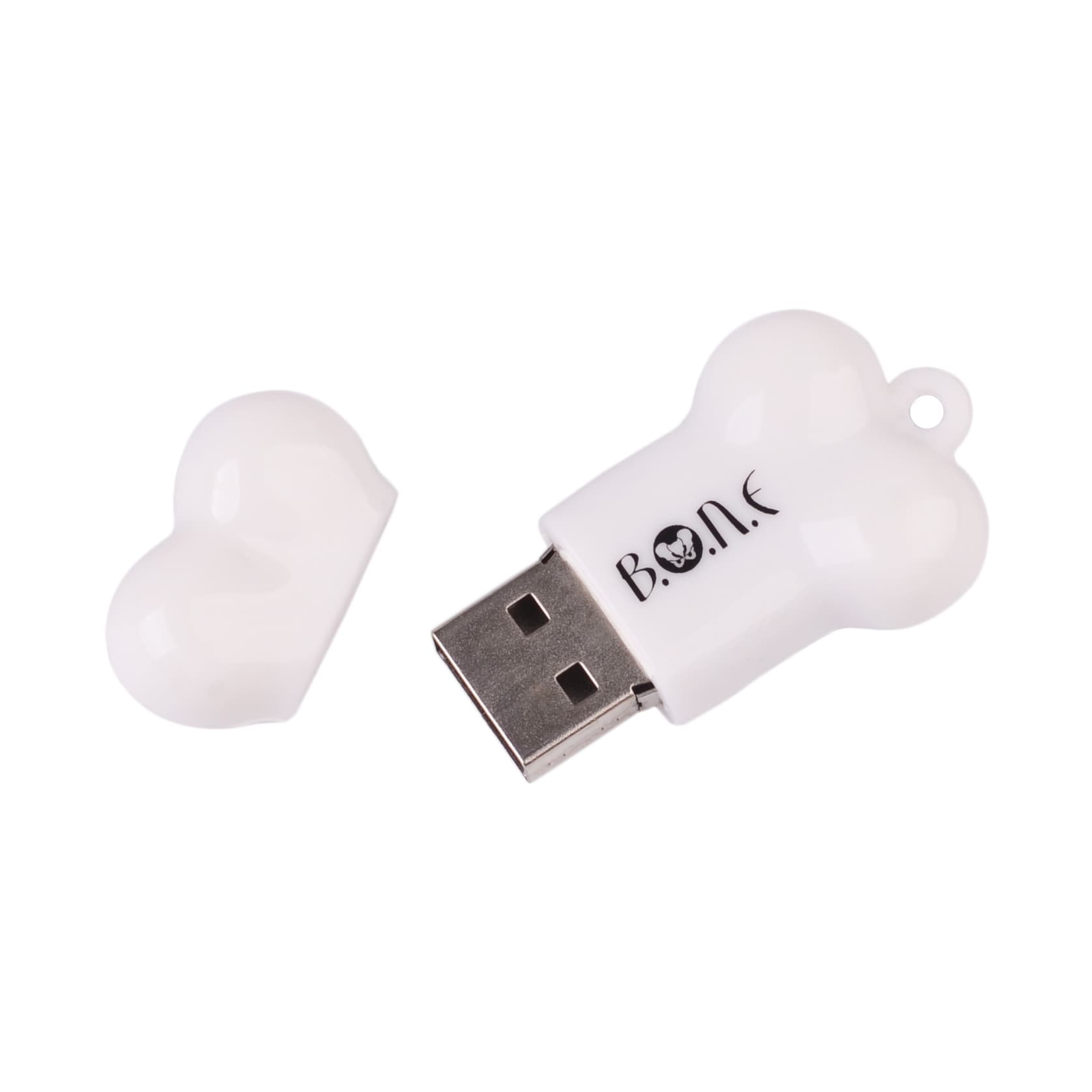 A white, bone-shaped flash drive with a removable cap and a logo on its side.