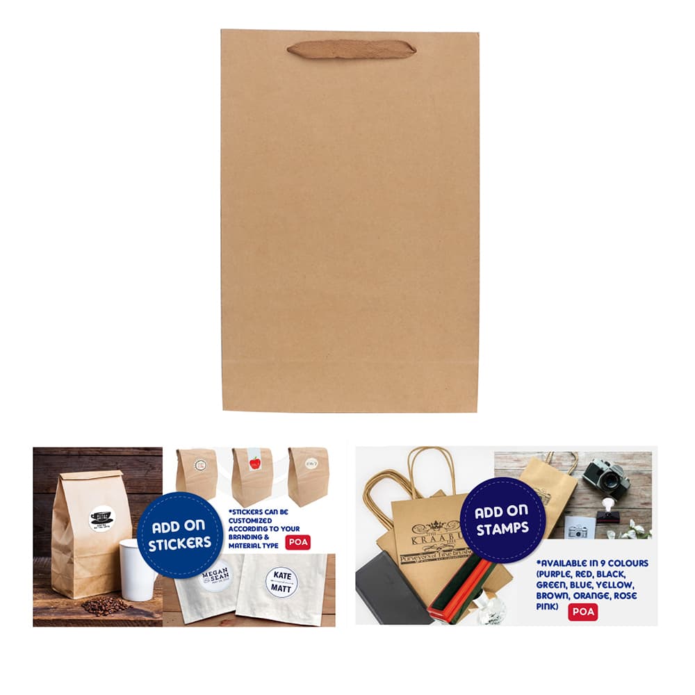 A small vertical brown paper bag with a rope handle, featuring a logo.