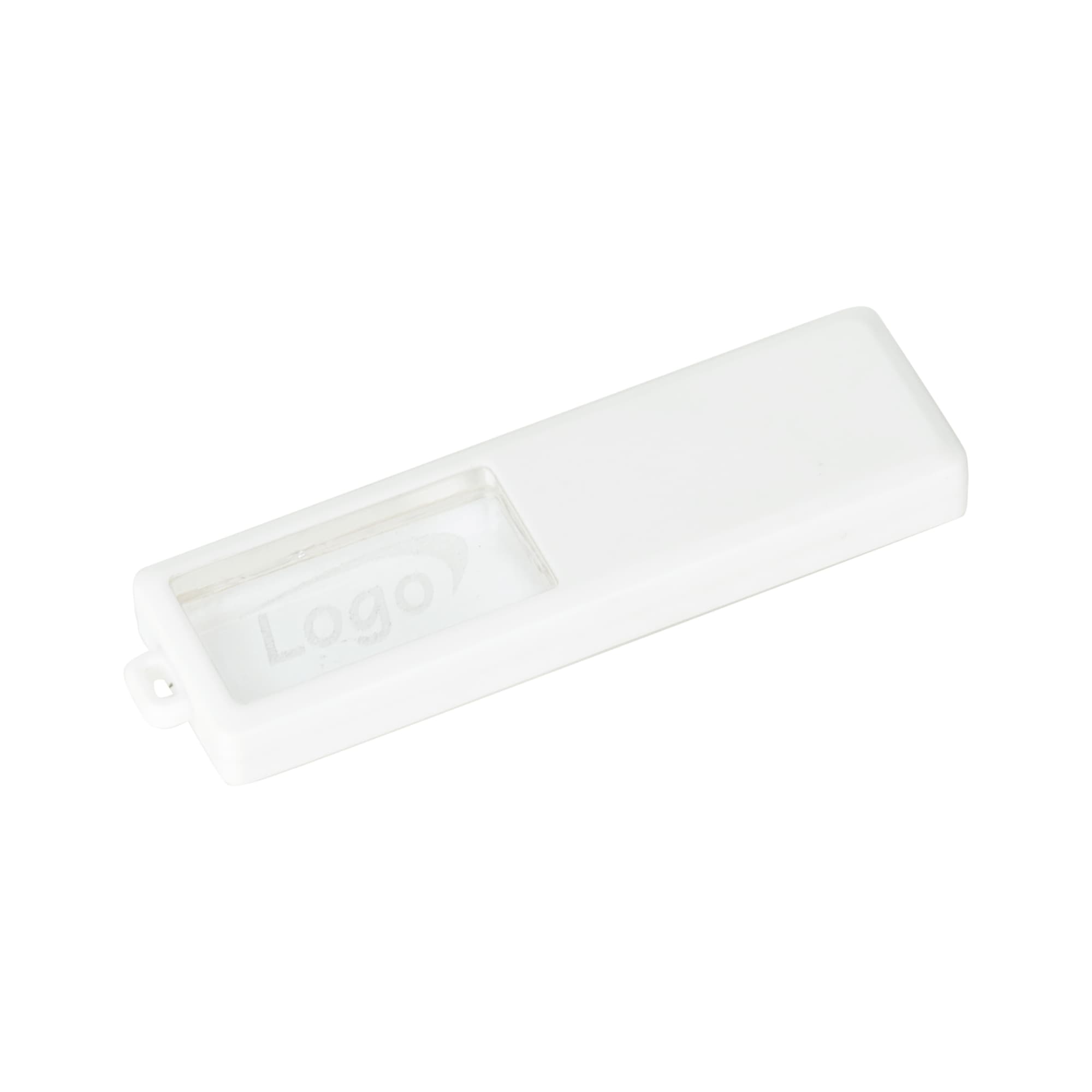A white sliding acrylic flash drive with a transparent window featuring a logo.
