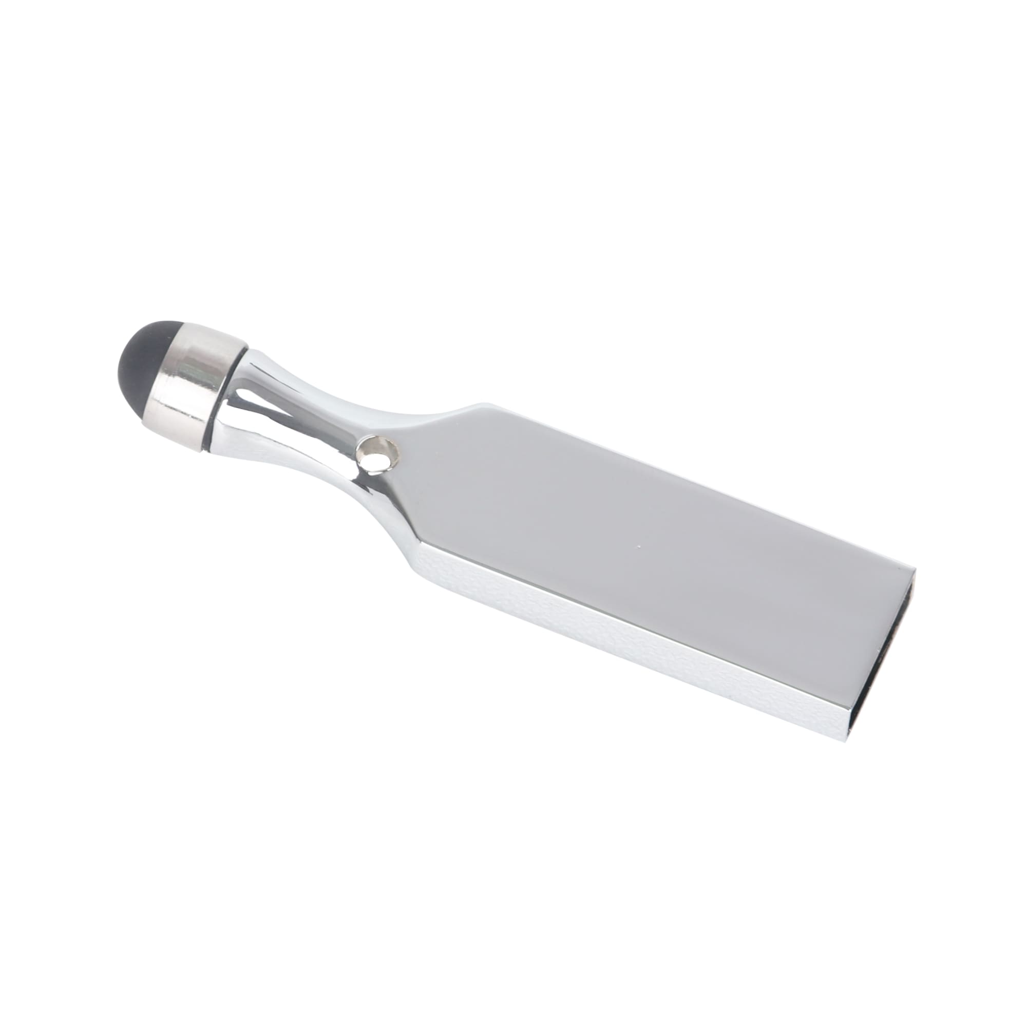 A silver touch pen USB flash drive with a black tip, featuring a logo on its side.