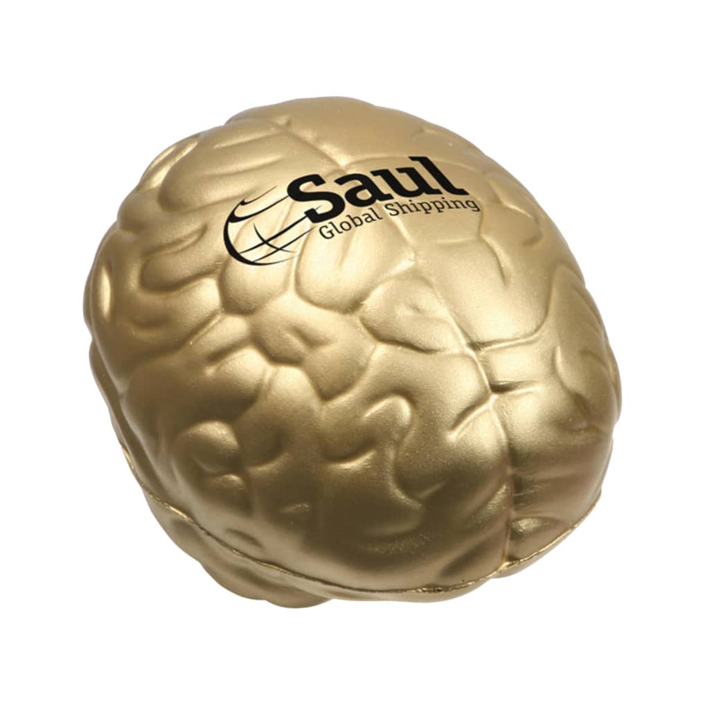 A gold brain-shaped stress reliever with a logo on it, designed for fun and stress relief.