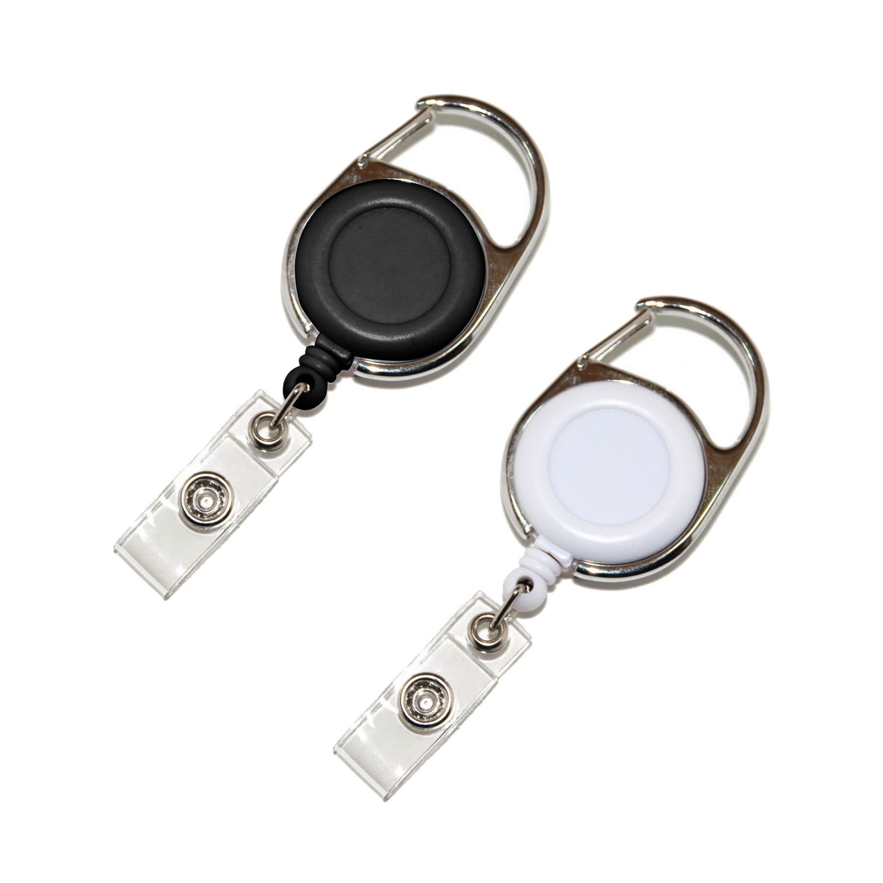 A black and a white carabiner retractable card holder, featuring circular buttons and a clear badge clip.