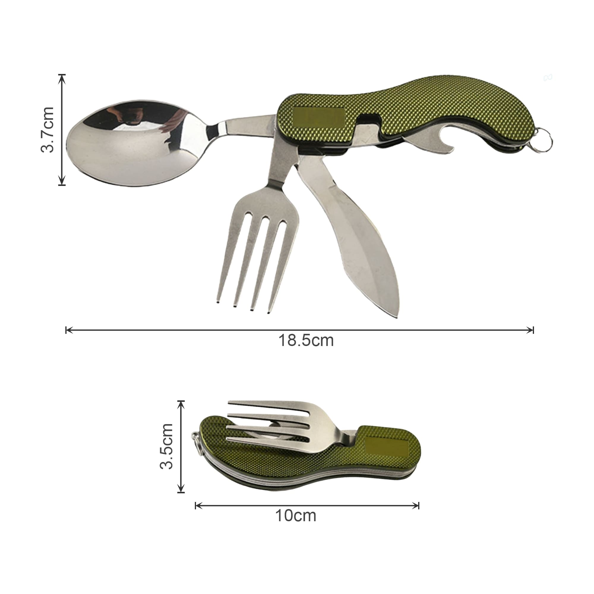A multi-tool camping cutlery set with a green textured handle, featuring a spoon, fork, and knife.