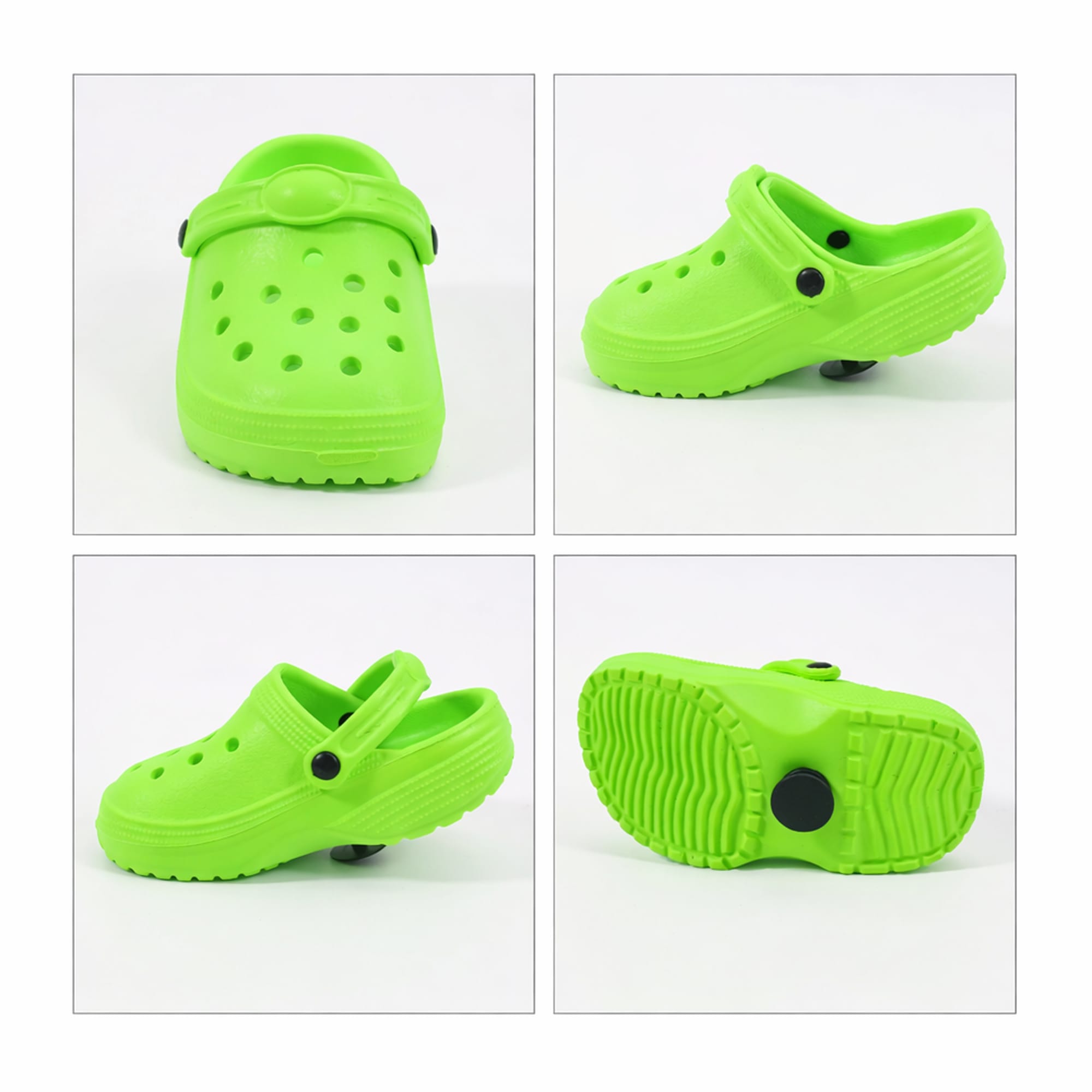 Bright green clog shoe-shaped charms displayed from multiple angles, including top, sides, and bottom views.