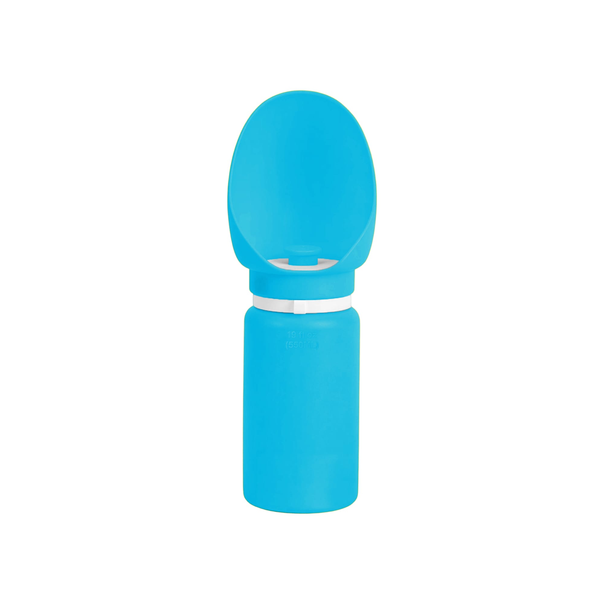 A drink bottle in bright blue, featuring a collapsible bowl top and a white base, with a logo.
