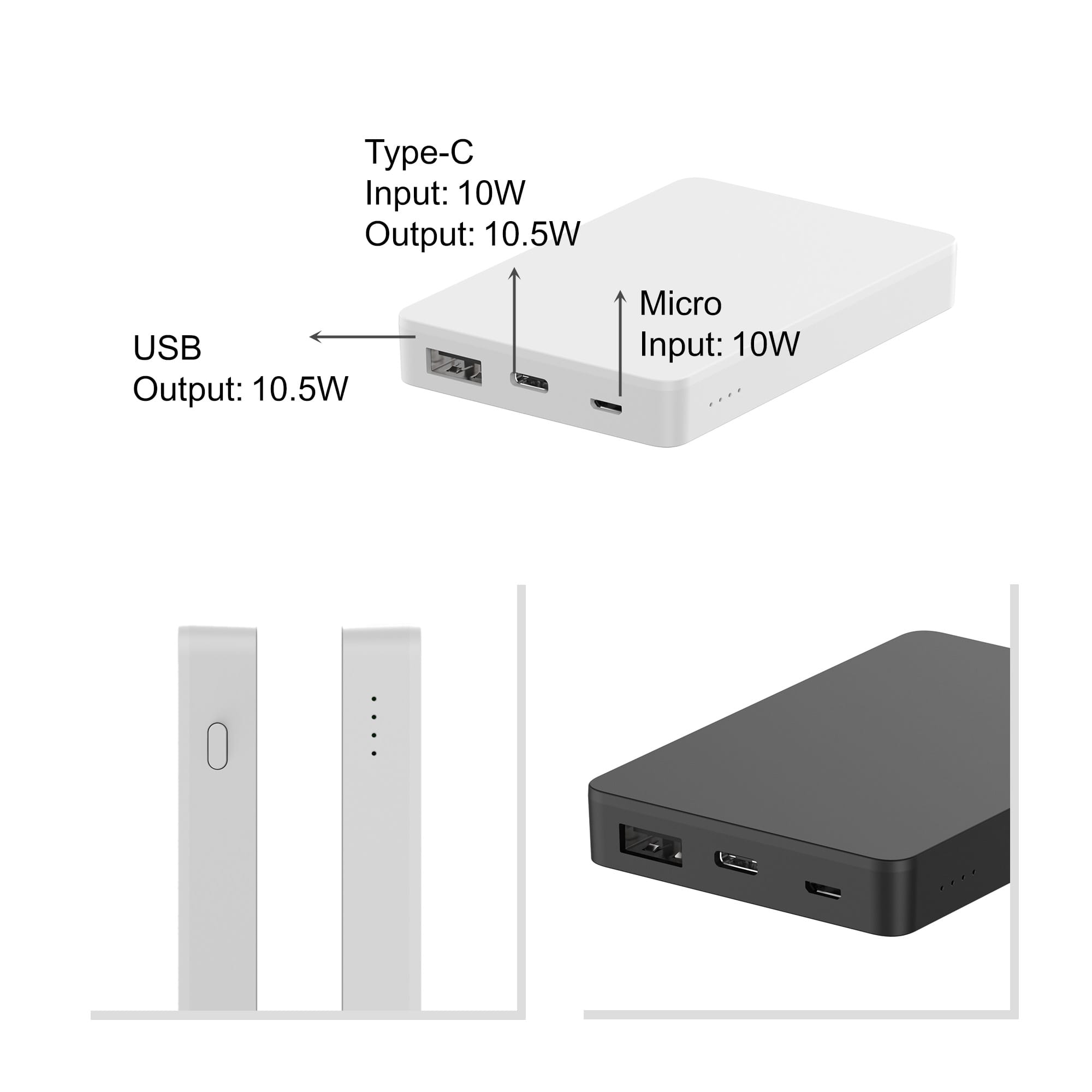 A square power bank in black and white, featuring USB and Type-C ports, with indicator lights and a logo.