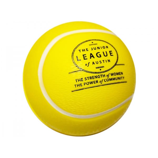 A yellow tennis-shaped stress reliever with a texture resembling a tennis ball and featuring a logo.