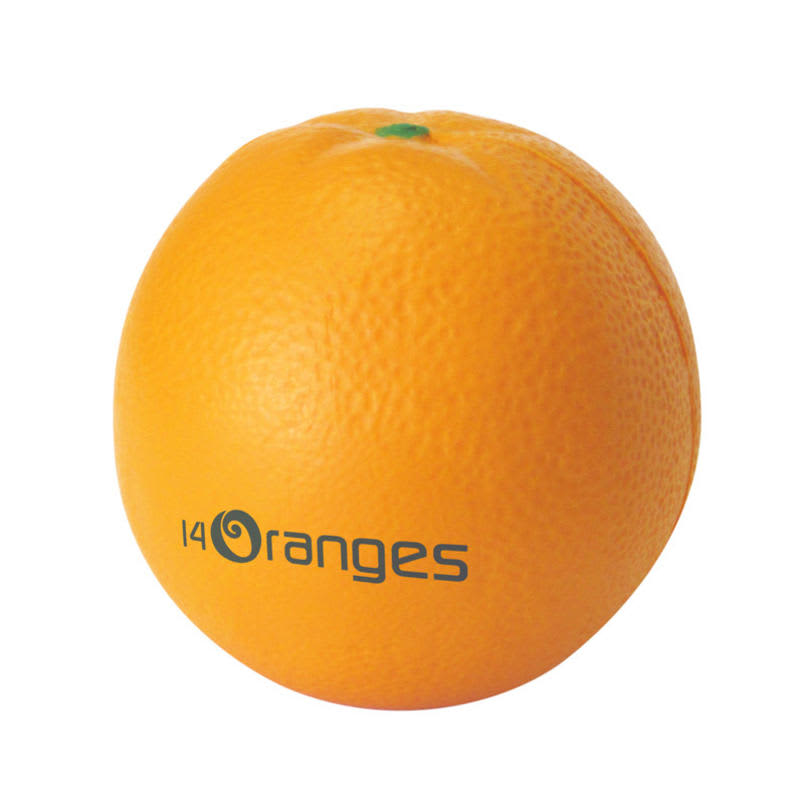 An orange-shaped stress reliever in bright orange, featuring a textured surface and a logo.