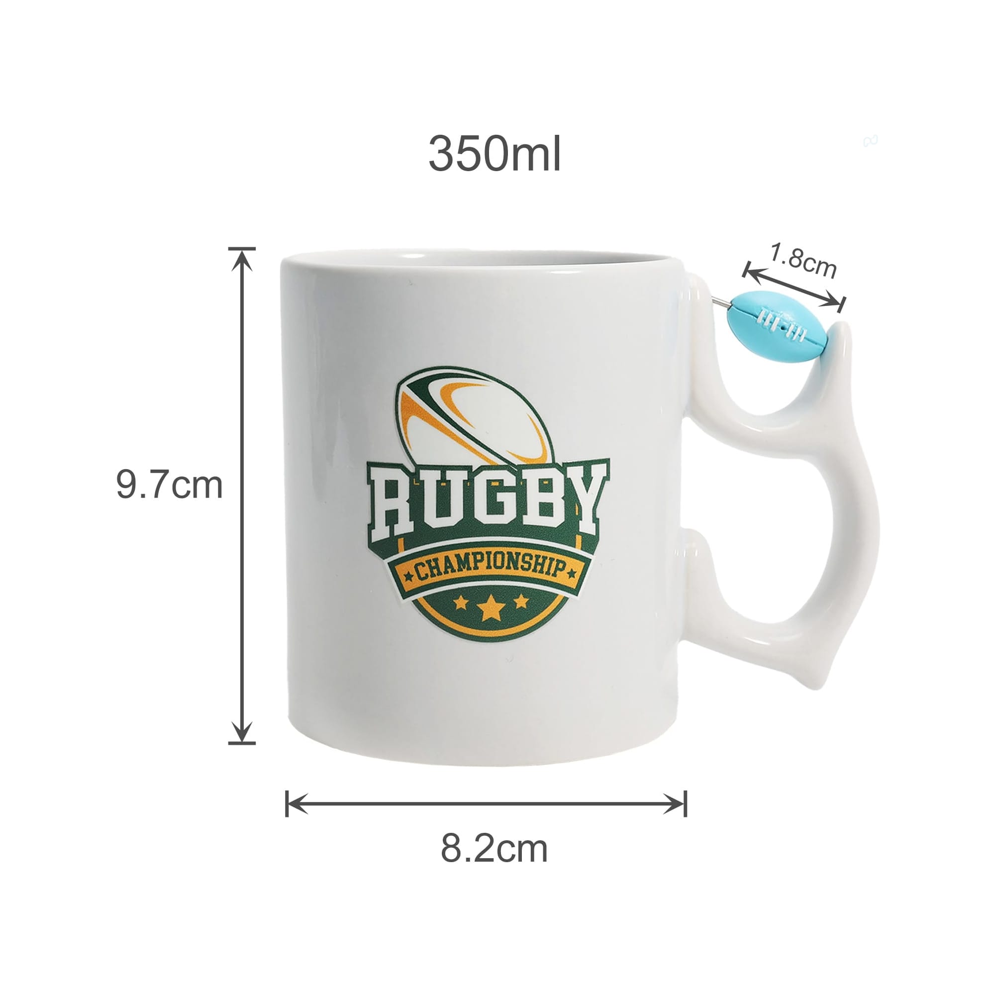 A white ceramic mug with a rugby-themed logo and a colourful spinner toy attached to the handle.