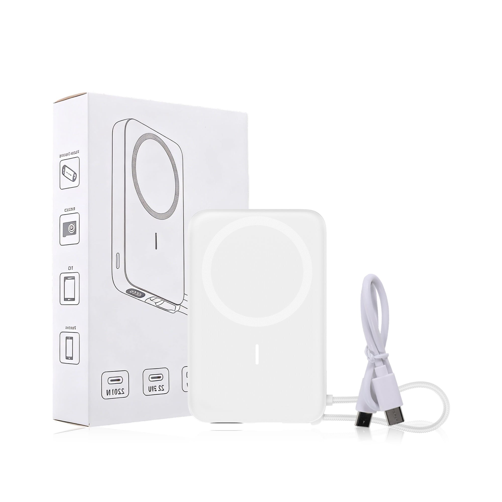 A white 10,000mAh magnetic wireless power bank with a USB charging cable, accompanied by a box featuring a logo.