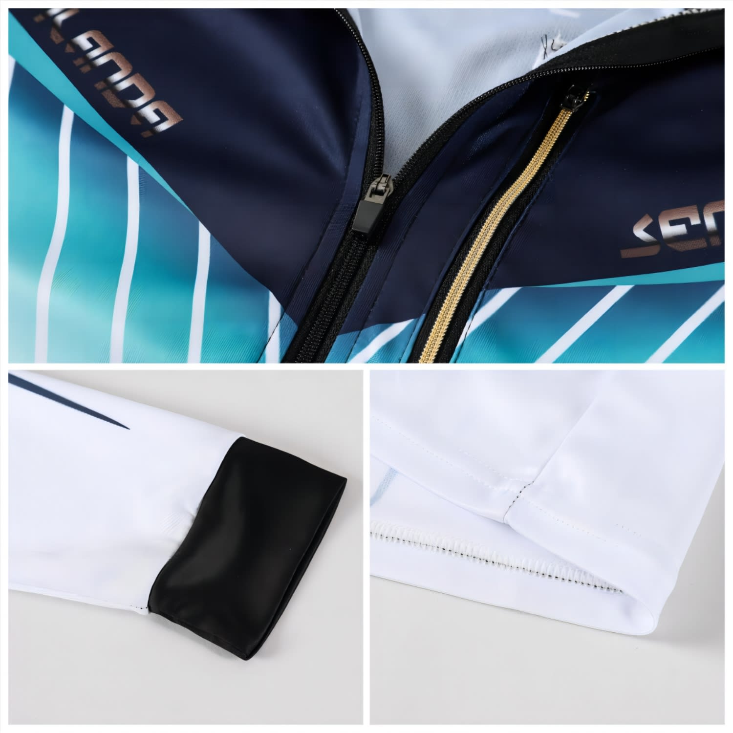 A men's hooded jacket featuring a blue and white design with a zip front, showing detail of the collar and sleeve.