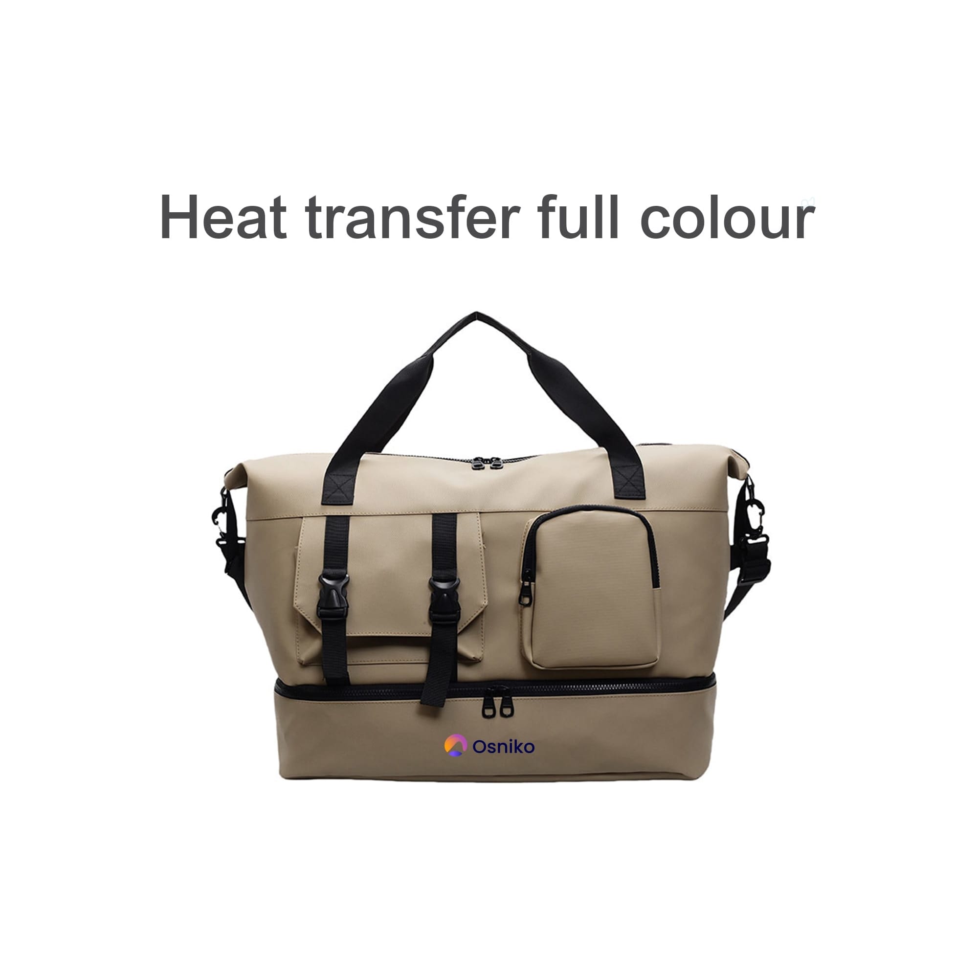 A beige Travel Weekender Bag with black straps, featuring multiple pockets and a logo.
