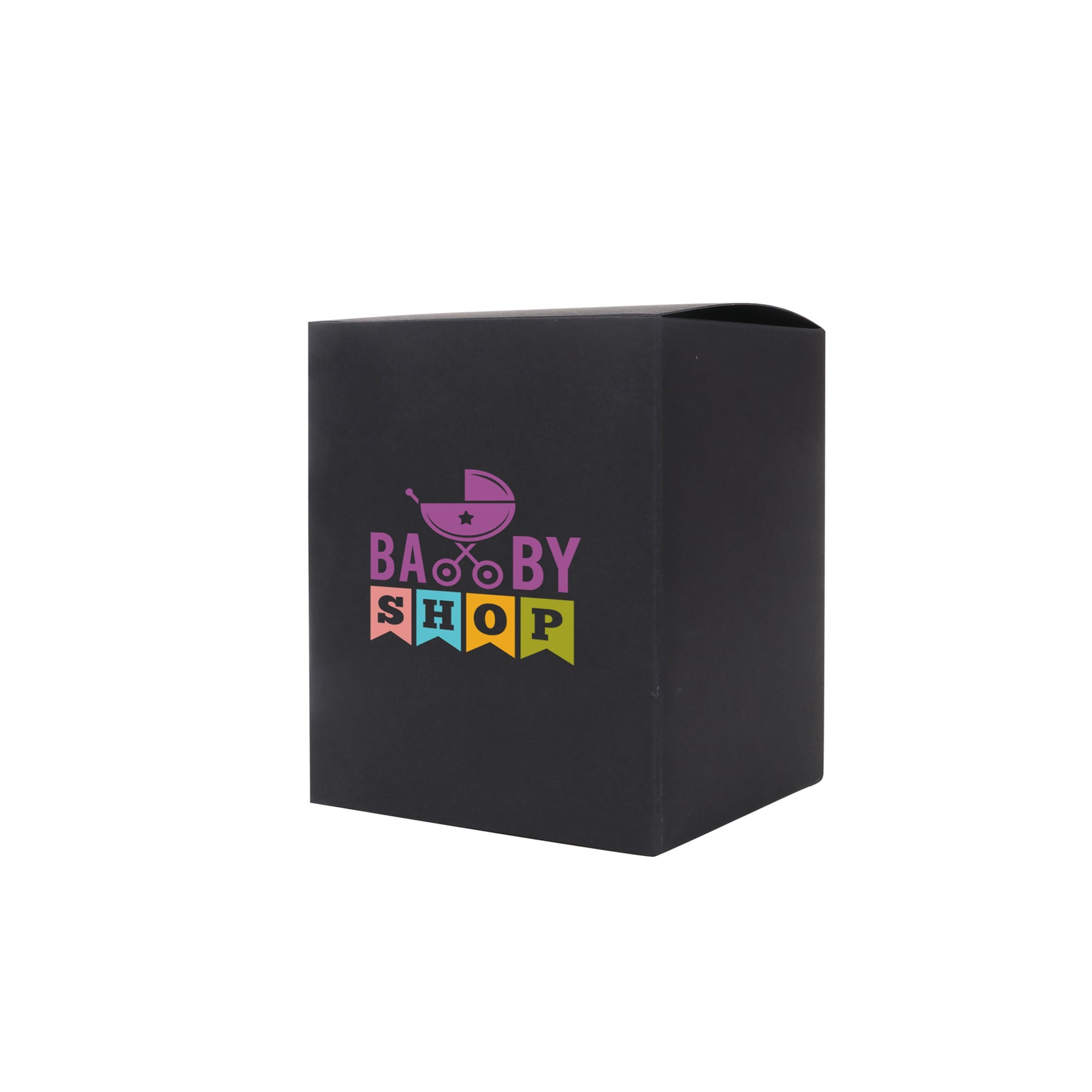 A large square black gift box featuring a colourful logo, suitable for packaging. Dimensions: 105 x 130 x 105mm.