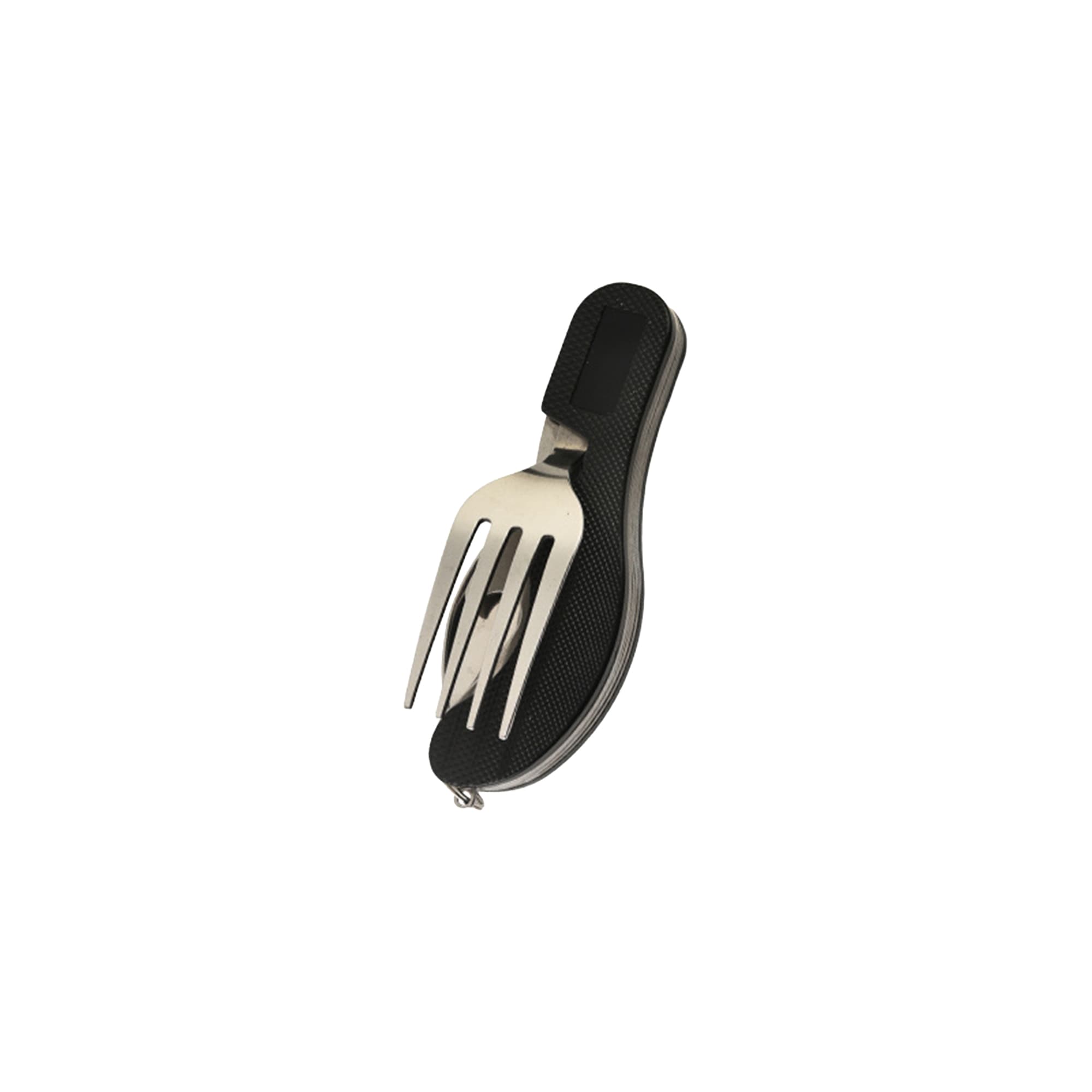 A stainless steel camping cutlery set with a fork and knife, featuring a black handle and branding on the side.