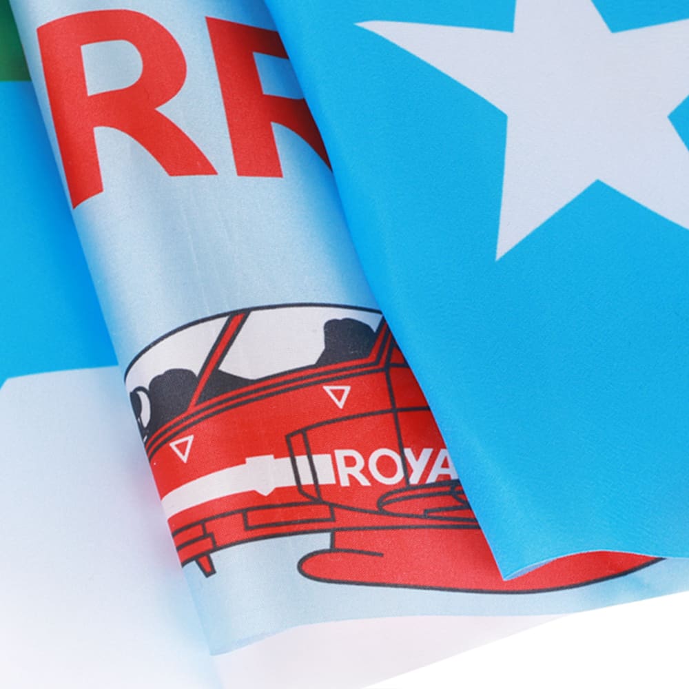 A rectangular cheering flag stick featuring a blue background with a red car and star design. It includes a logo.