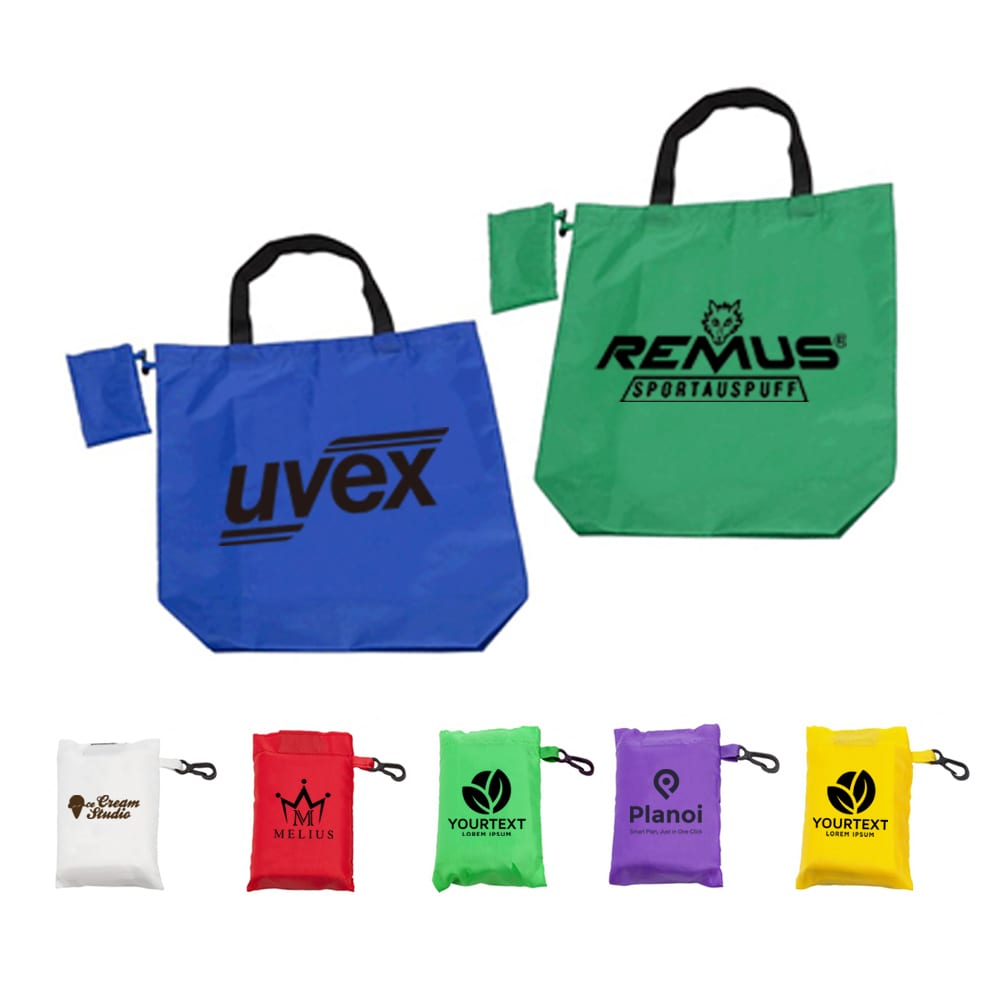 Two foldaway shopping bags are displayed: one blue with a logo, and one red, alongside bags in green, purple, and yellow.