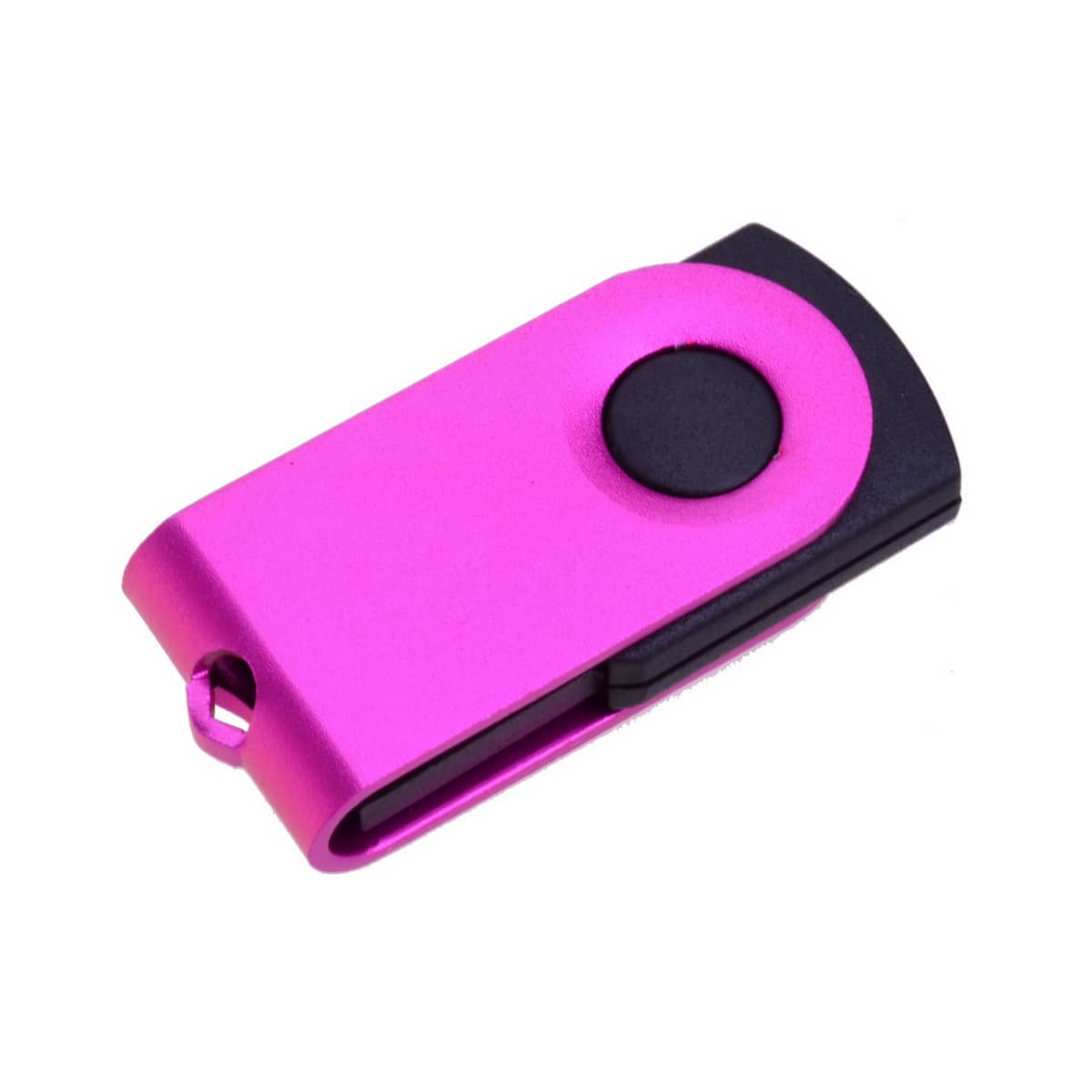 A pink Mini Belton flash drive with a black button, featuring a metal design and a keyring attachment.