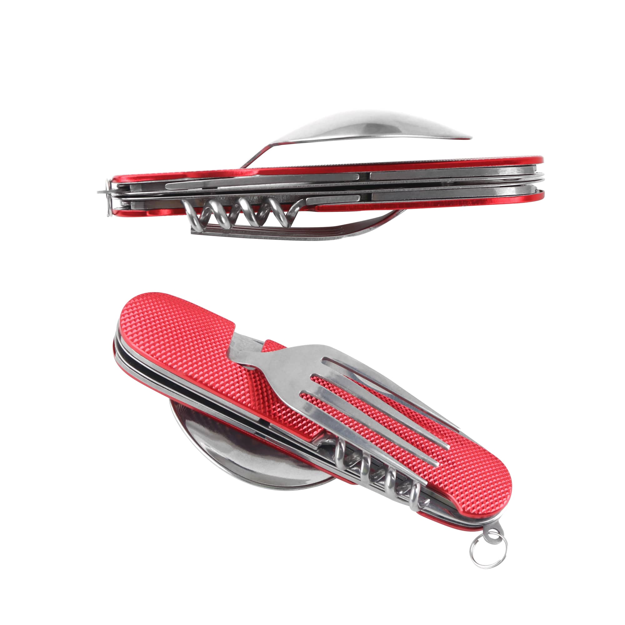 A multi-tool camping cutlery set in red features a fork and knife, stainless steel components, and a keyring attachment.