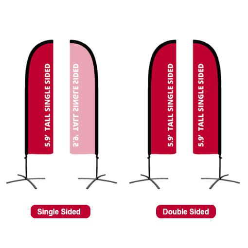 Medium straight feather banners in red, featuring a single-sided and double-sided design with stands.