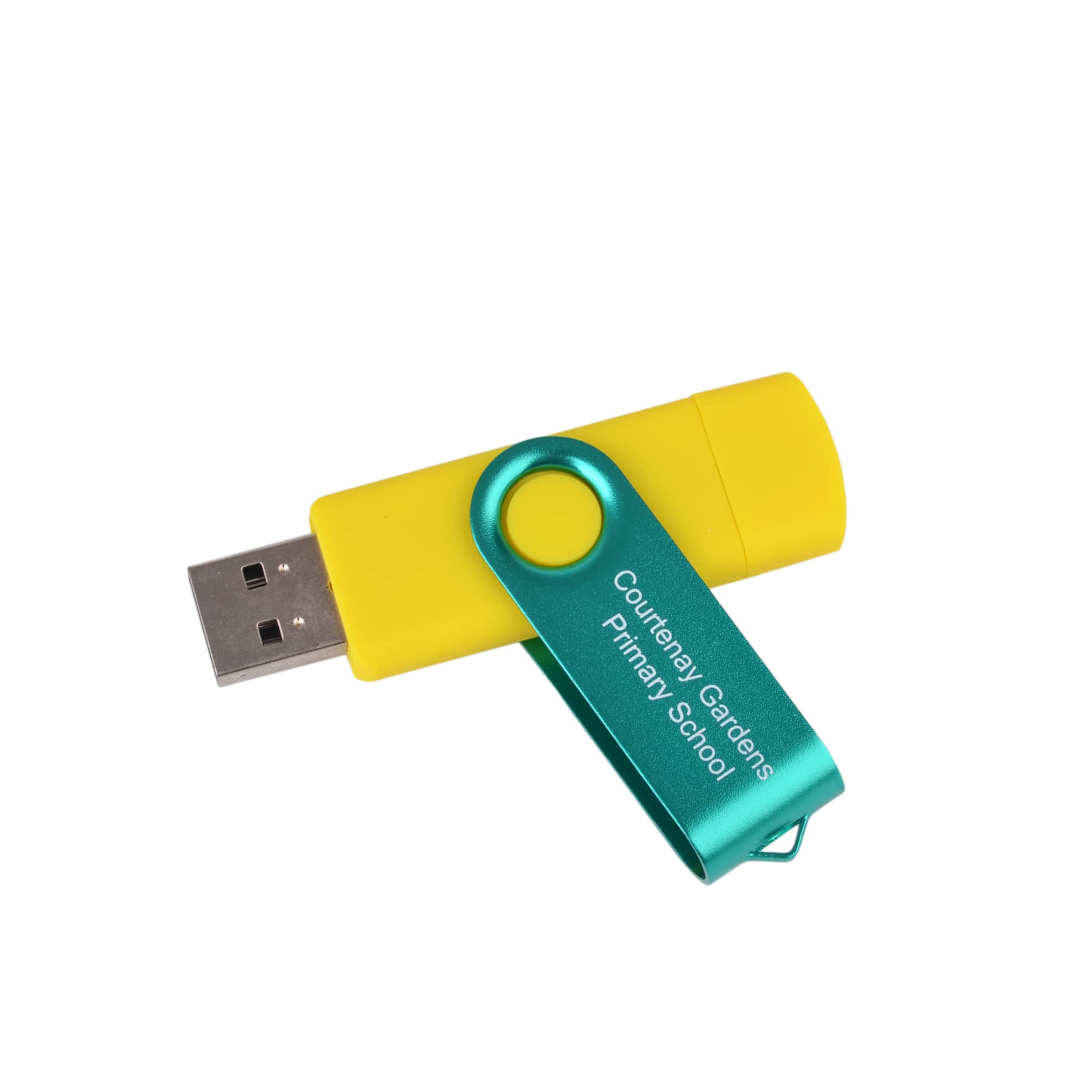 A yellow and teal double-end Belton micro USB flash drive with a swivel design and branding.