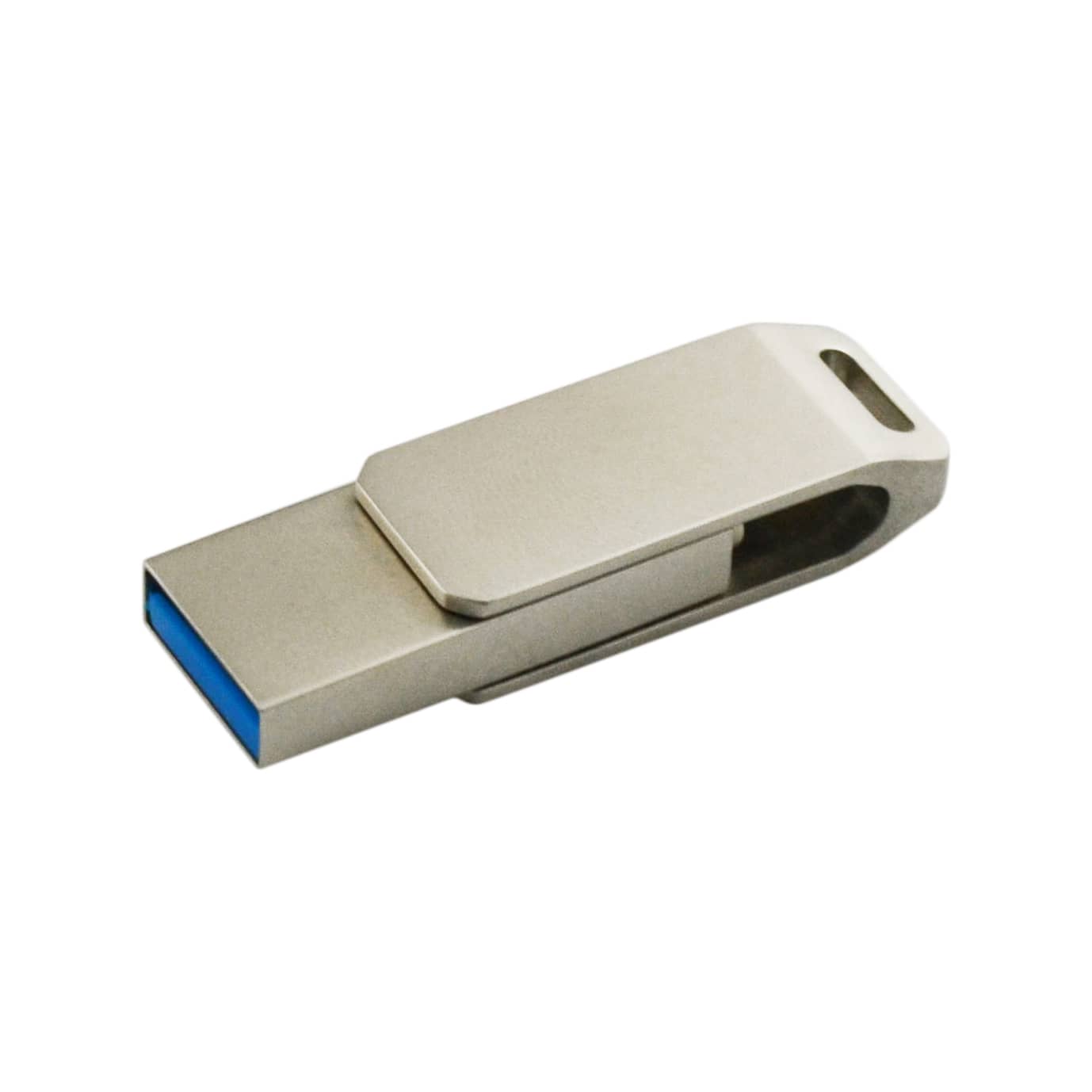 A metallic swivel flash drive with a blue USB connector. The drive features a sleek, minimalist design and a branding logo.