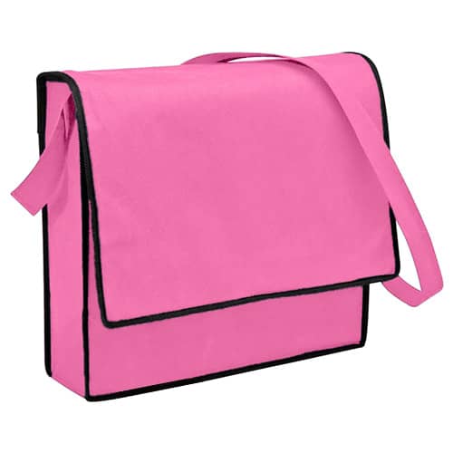 A pink non-woven sling bag with a flap closing and a black trim, featuring an adjustable shoulder strap.