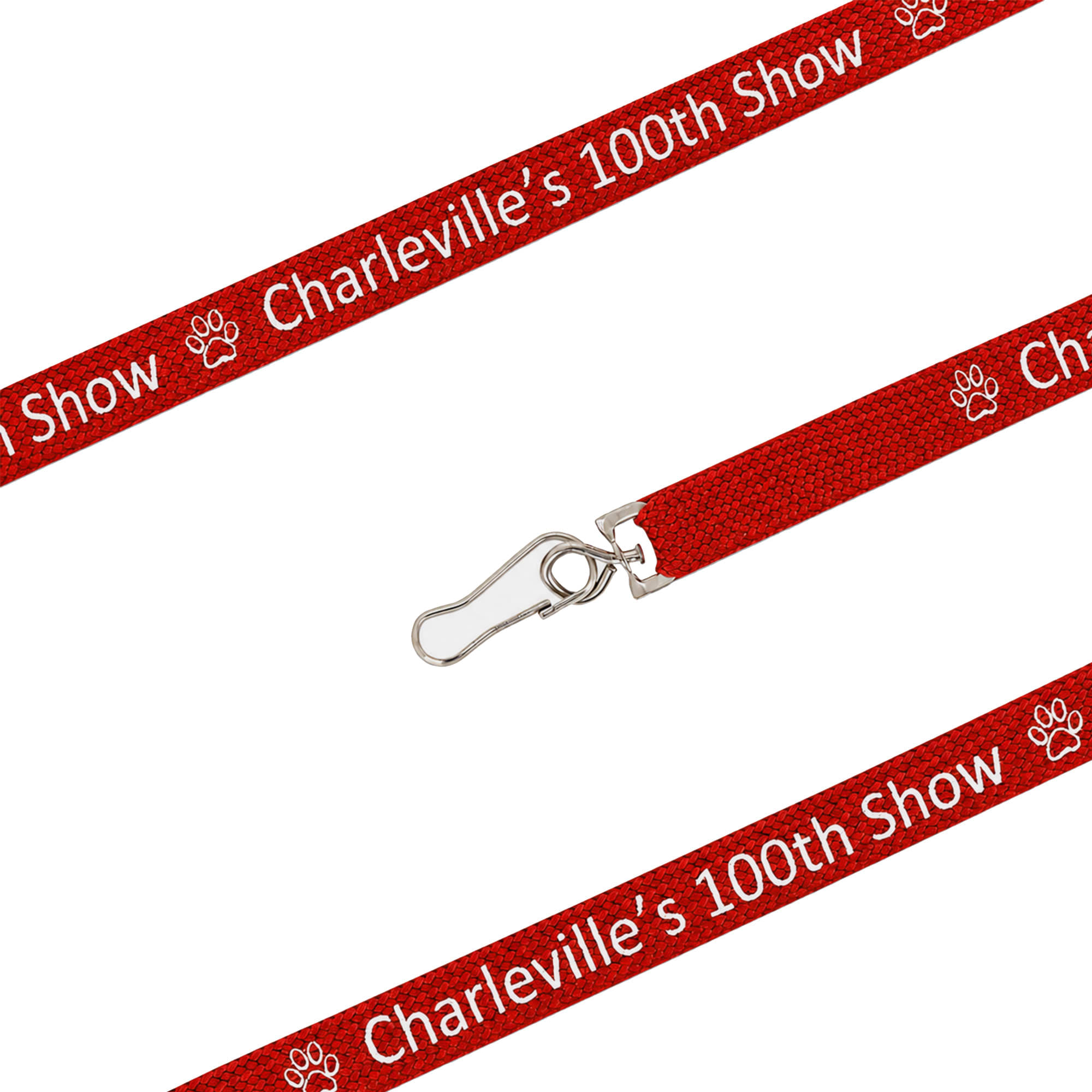 A red bootlace lanyard with a clip and a logo, designed for exhibitions and events.