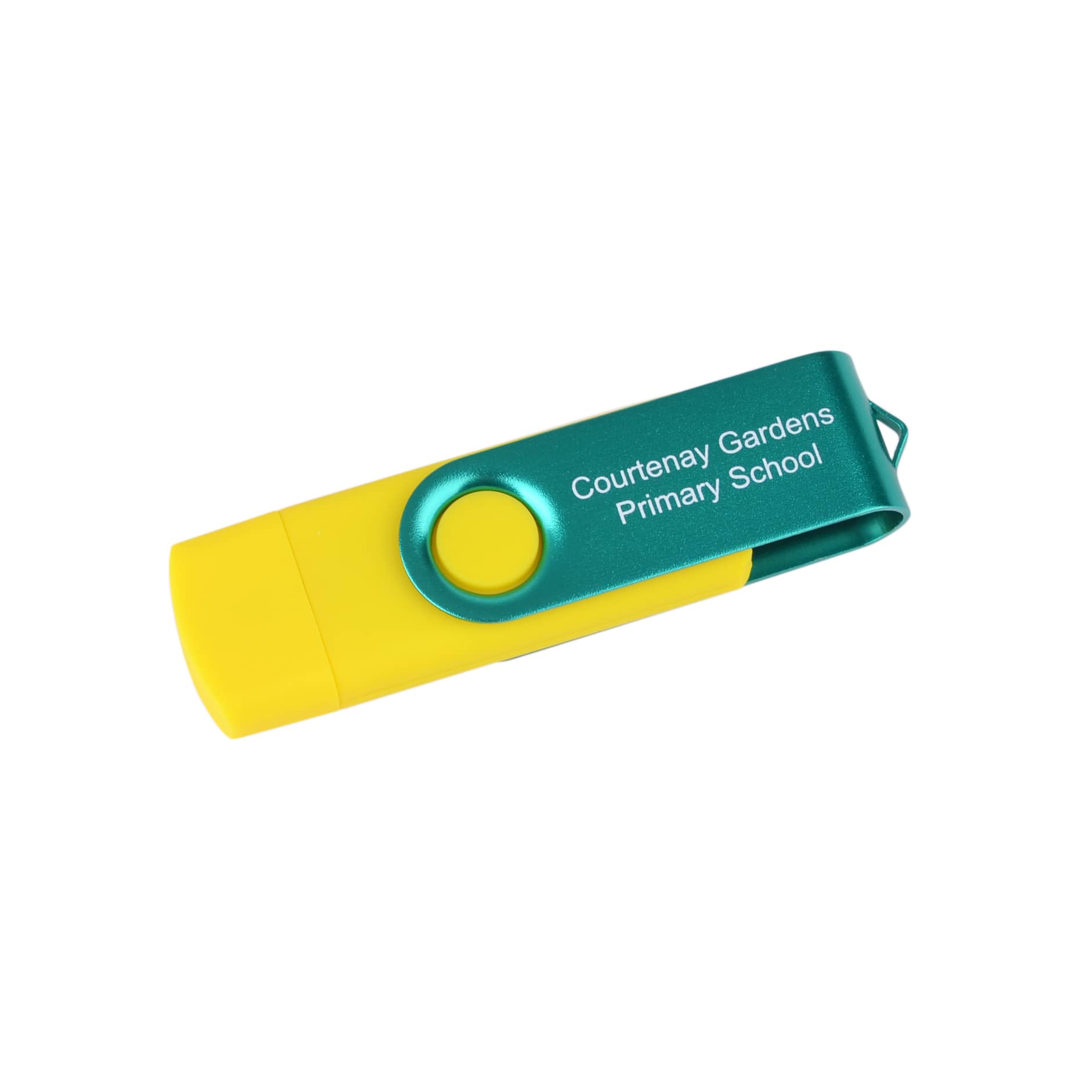 A yellow and green double-end Belton Micro USB flash drive featuring a clip and a logo.