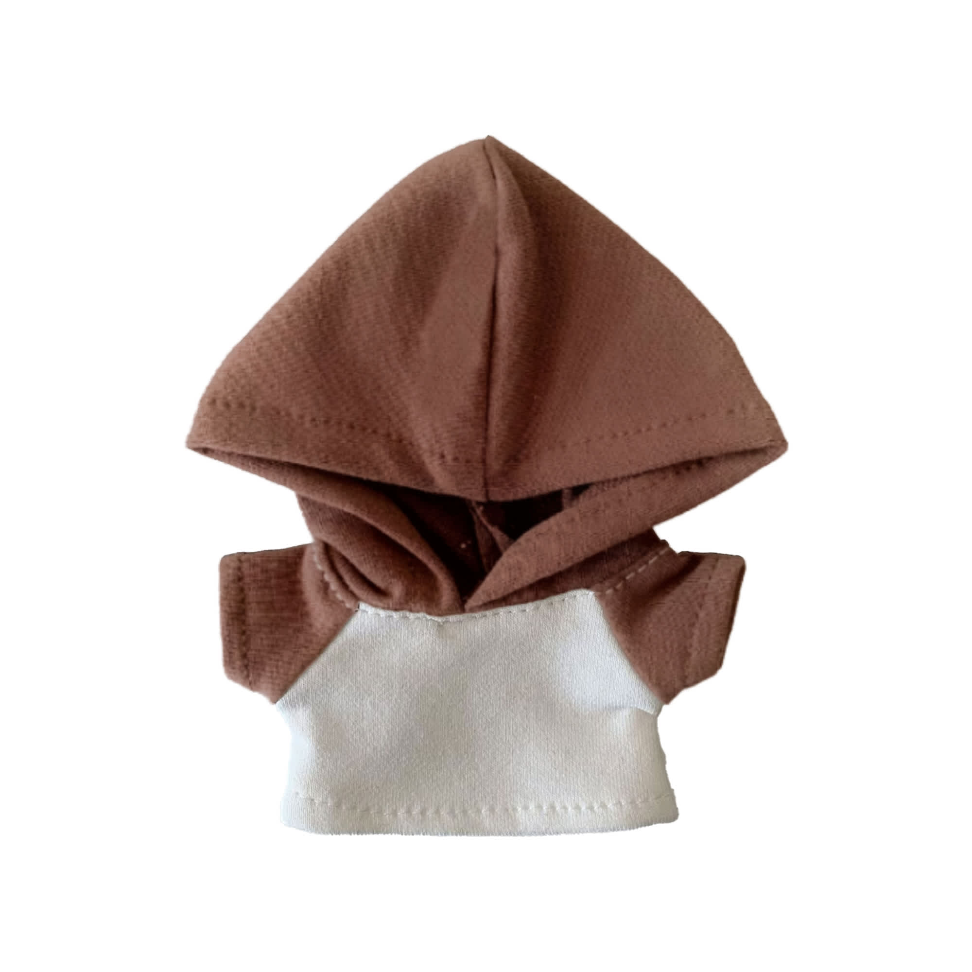 A plush doll raglan hoodie featuring a brown and white design, complete with a large hood. It has a logo.