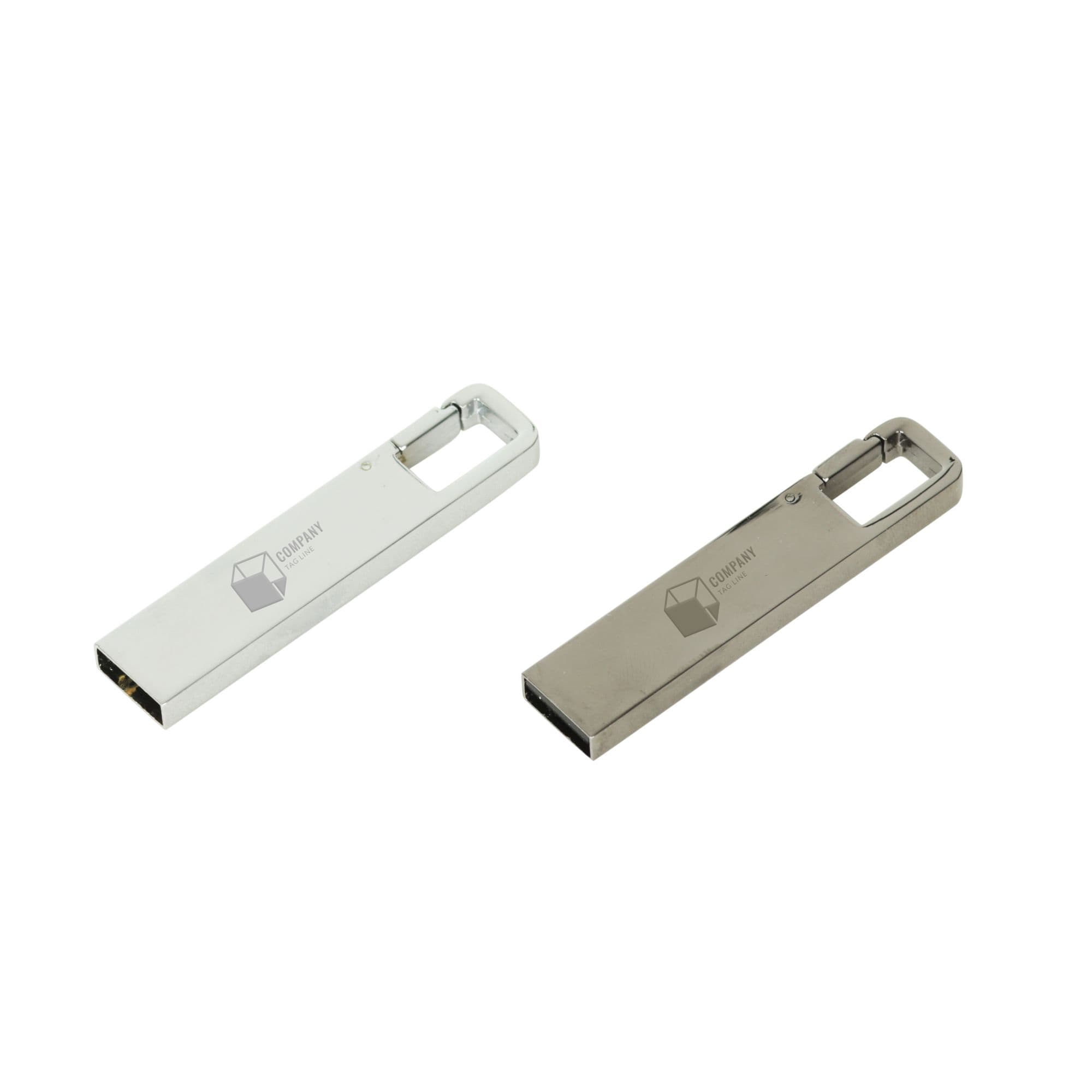 A sleek silver and metallic flash drive duo, featuring a minimalist design and a logo on each drive.