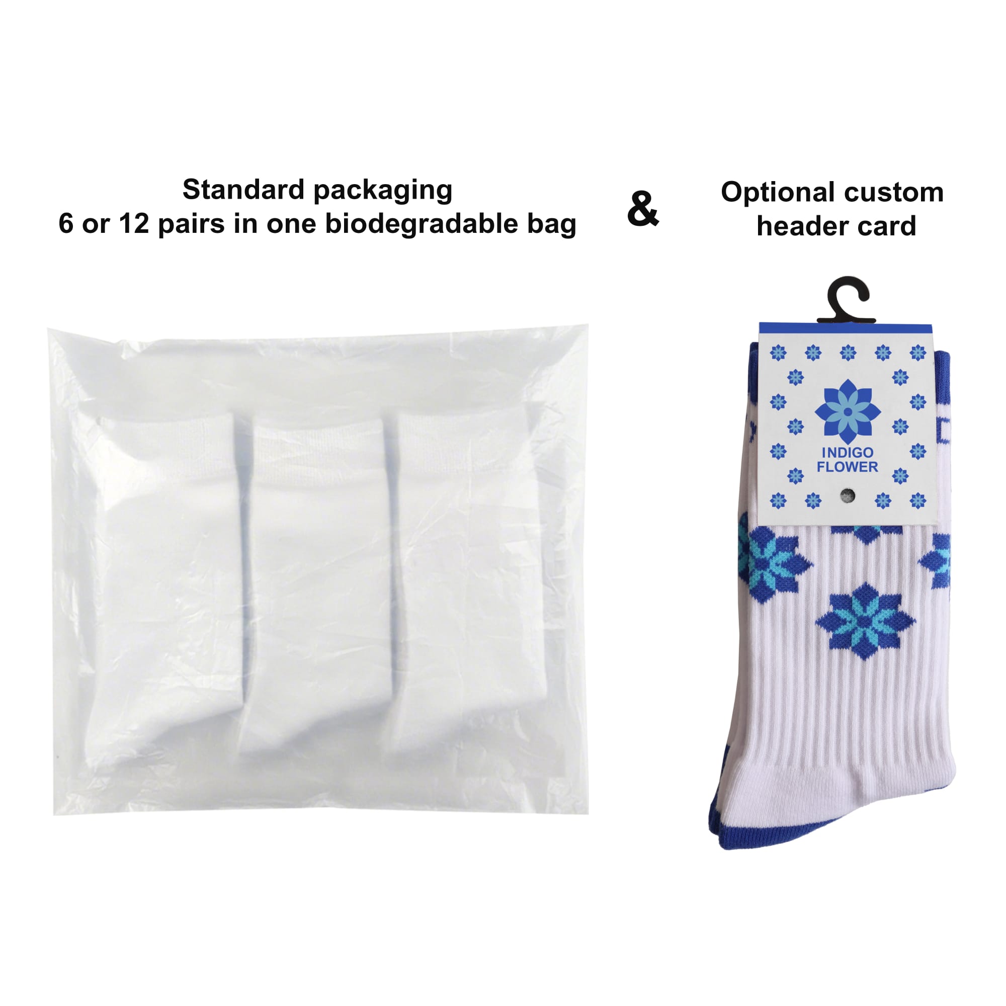 Woven work socks featuring a towel bottom with a blue and white floral design in biodegradable packaging.