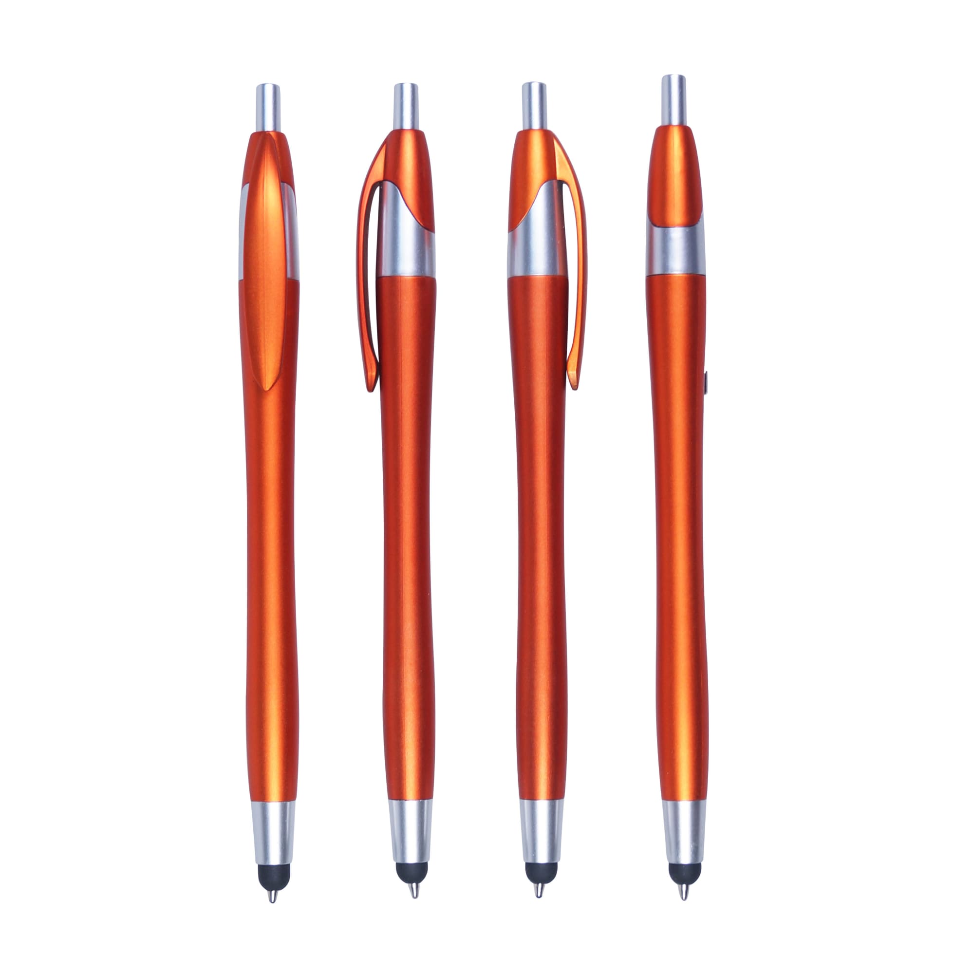 A collection of four orange stylus pens with silver accents, featuring both retractable and capped designs.