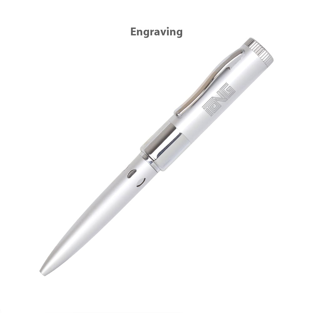A silver flash drive pen featuring a polished design and a clip, with an engraving on the barrel.