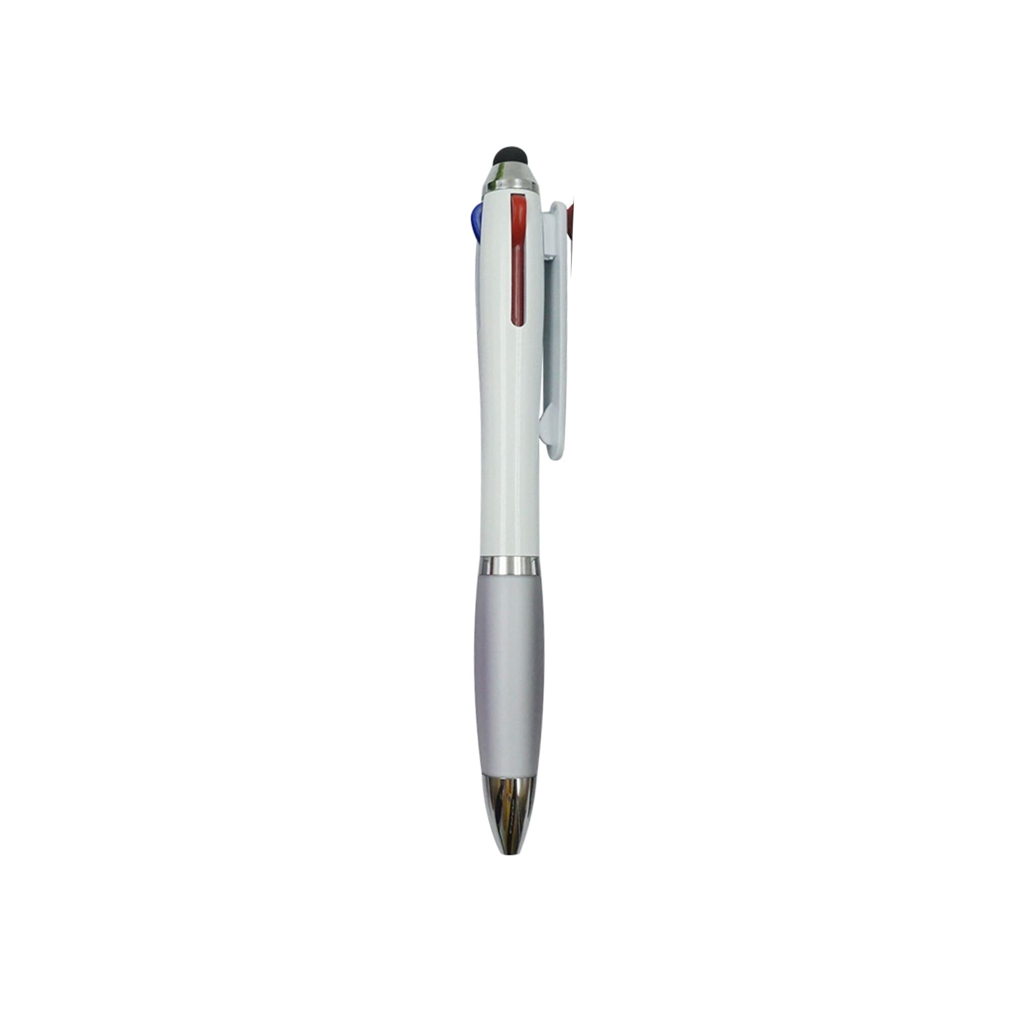 A three-colour ball pen in white and silver, featuring red, blue, and black ink options with a logo.