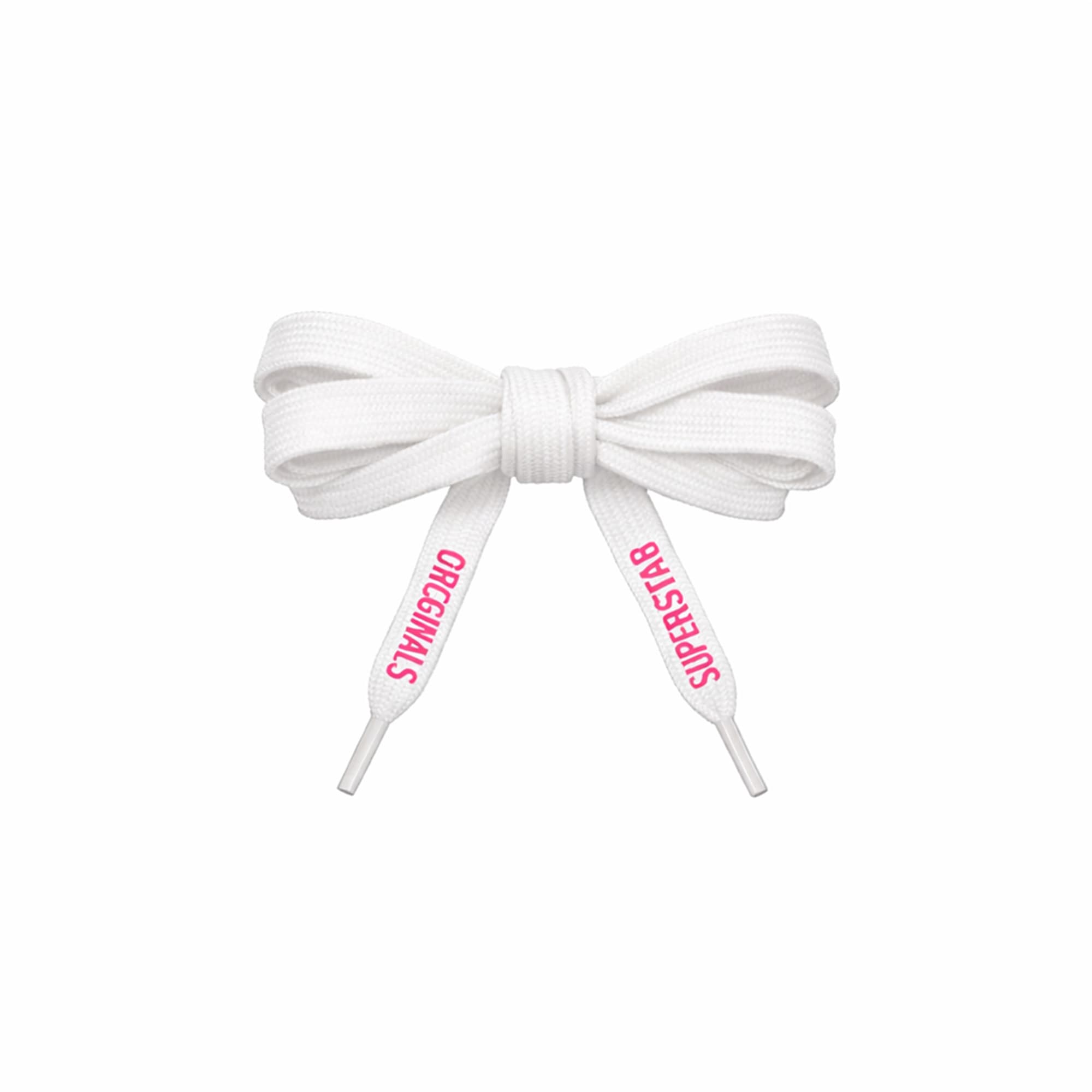A pair of white shoelaces tied in a bow, featuring pink text on the ends and a logo.