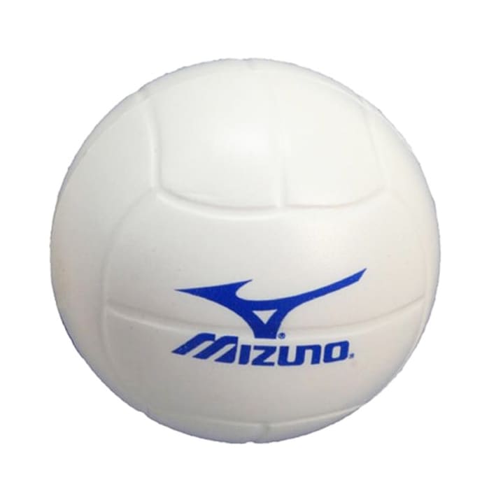 A white volleyball-shaped stress reliever with blue detailing and a logo.