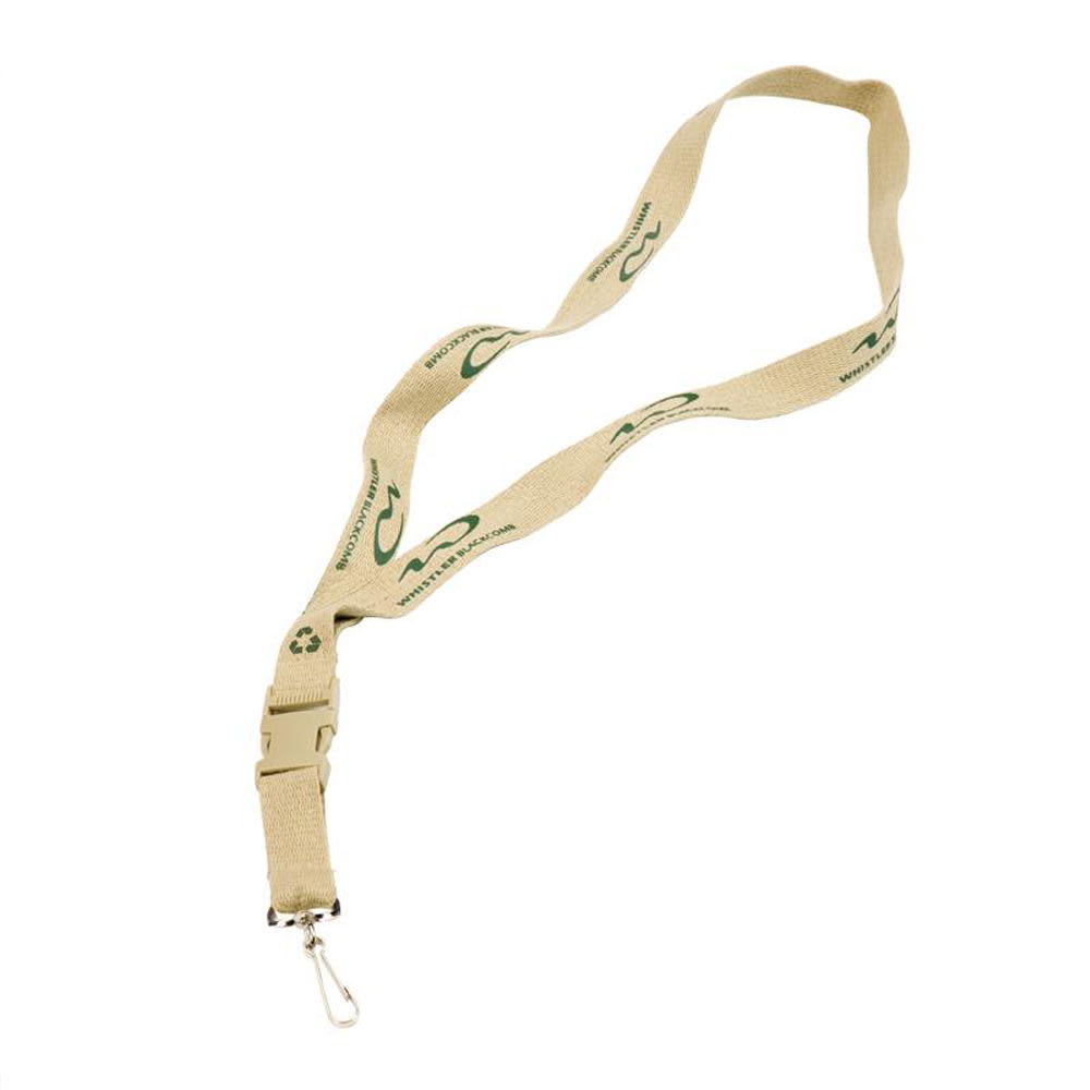 A beige cotton lanyard with a logo and a clip attachment for securing items.