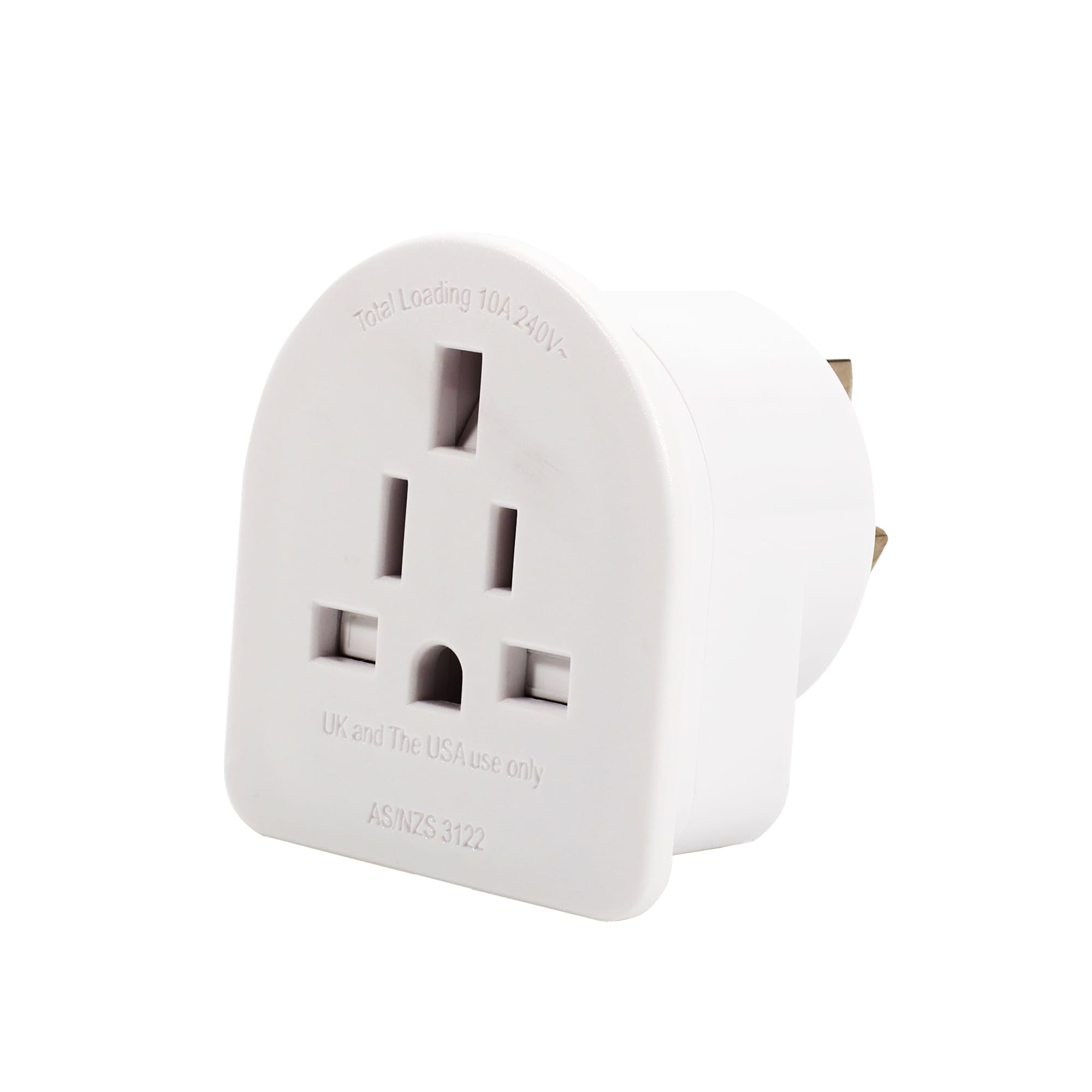 A white travel adapter with multiple sockets, designed for use in Australasia and compatible with various plug types.