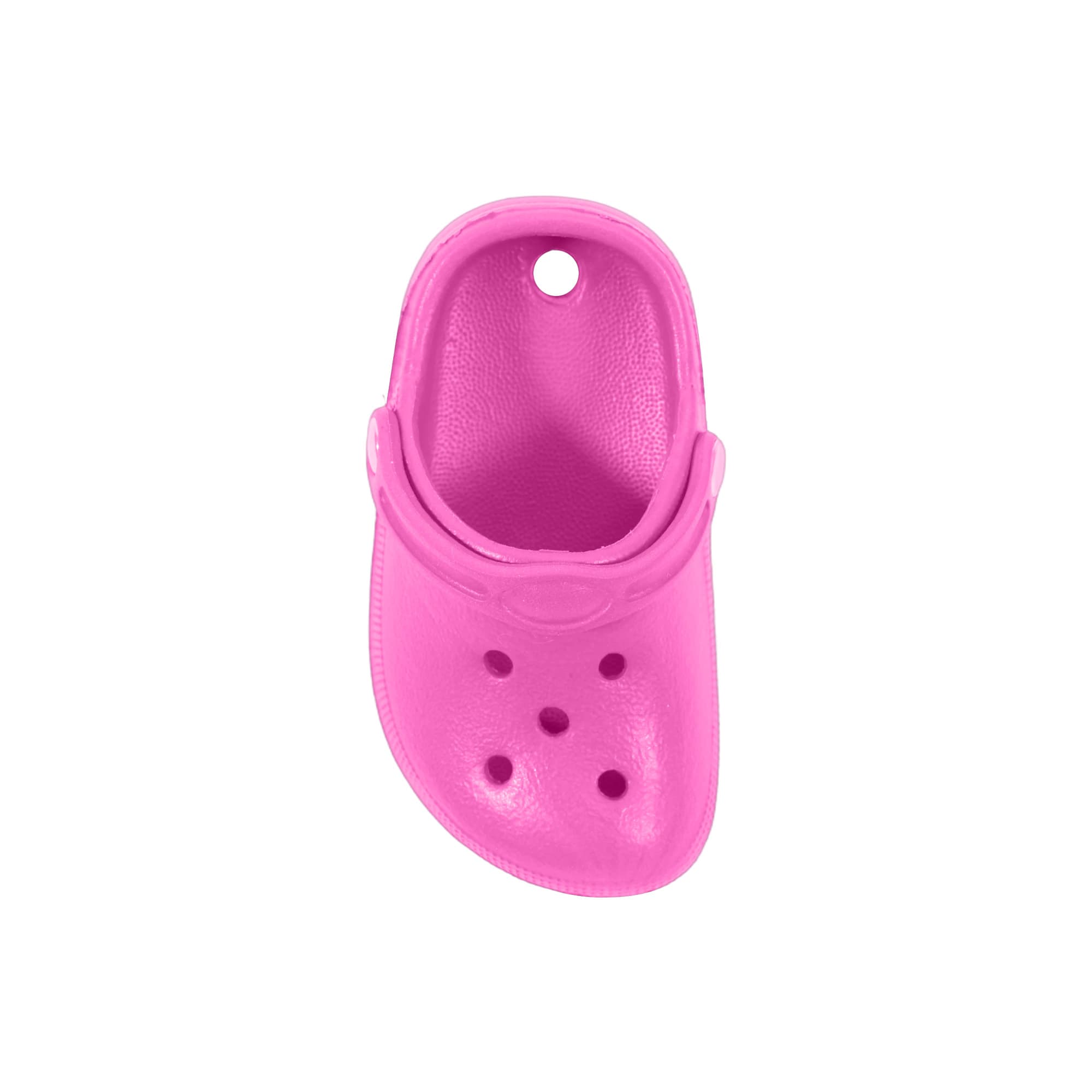 A pink clog shoe charm with ventilation holes and a hanging loop at the top. Features a smooth finish.
