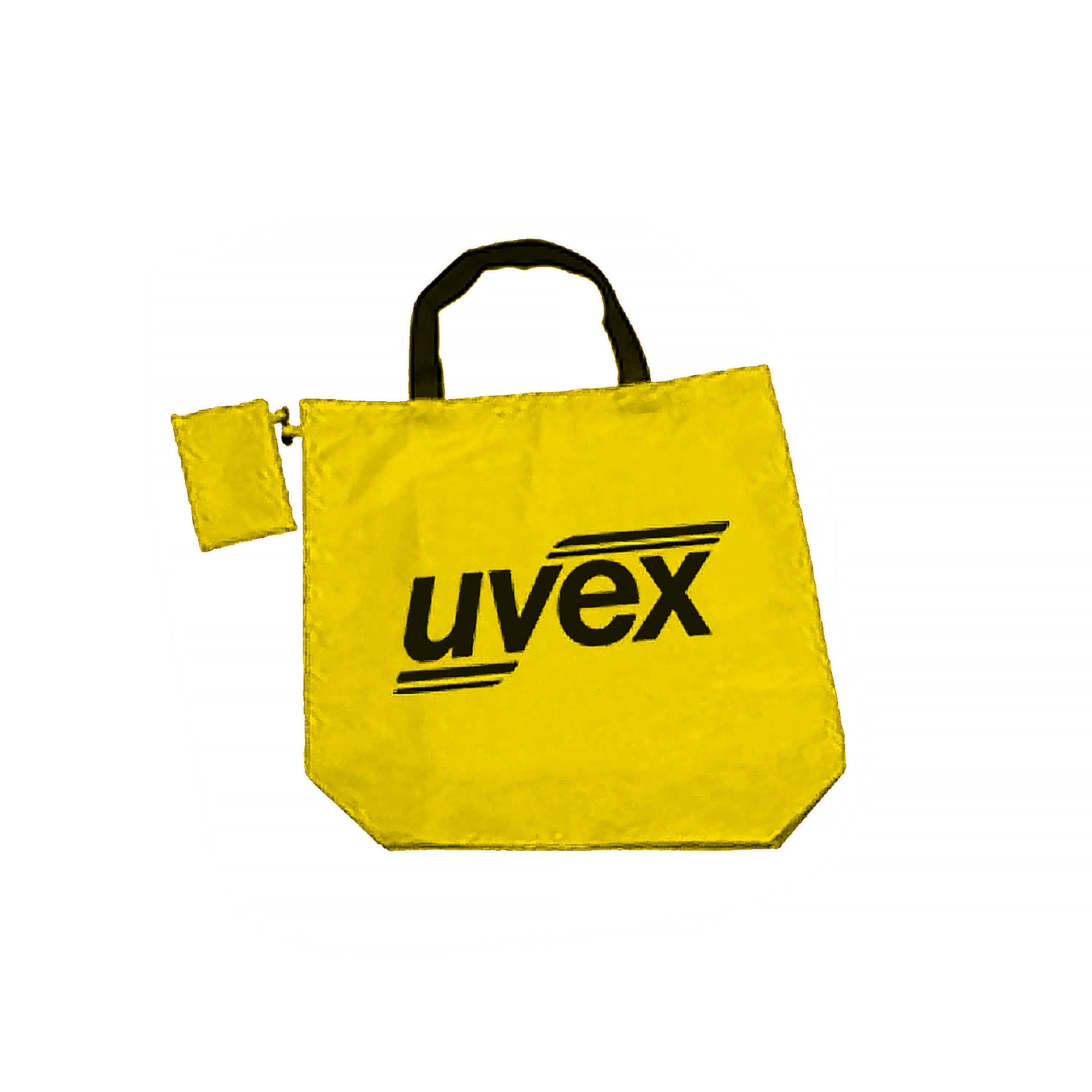 A foldaway shopping bag in bright yellow with black handles and a small attached pouch, featuring a logo.