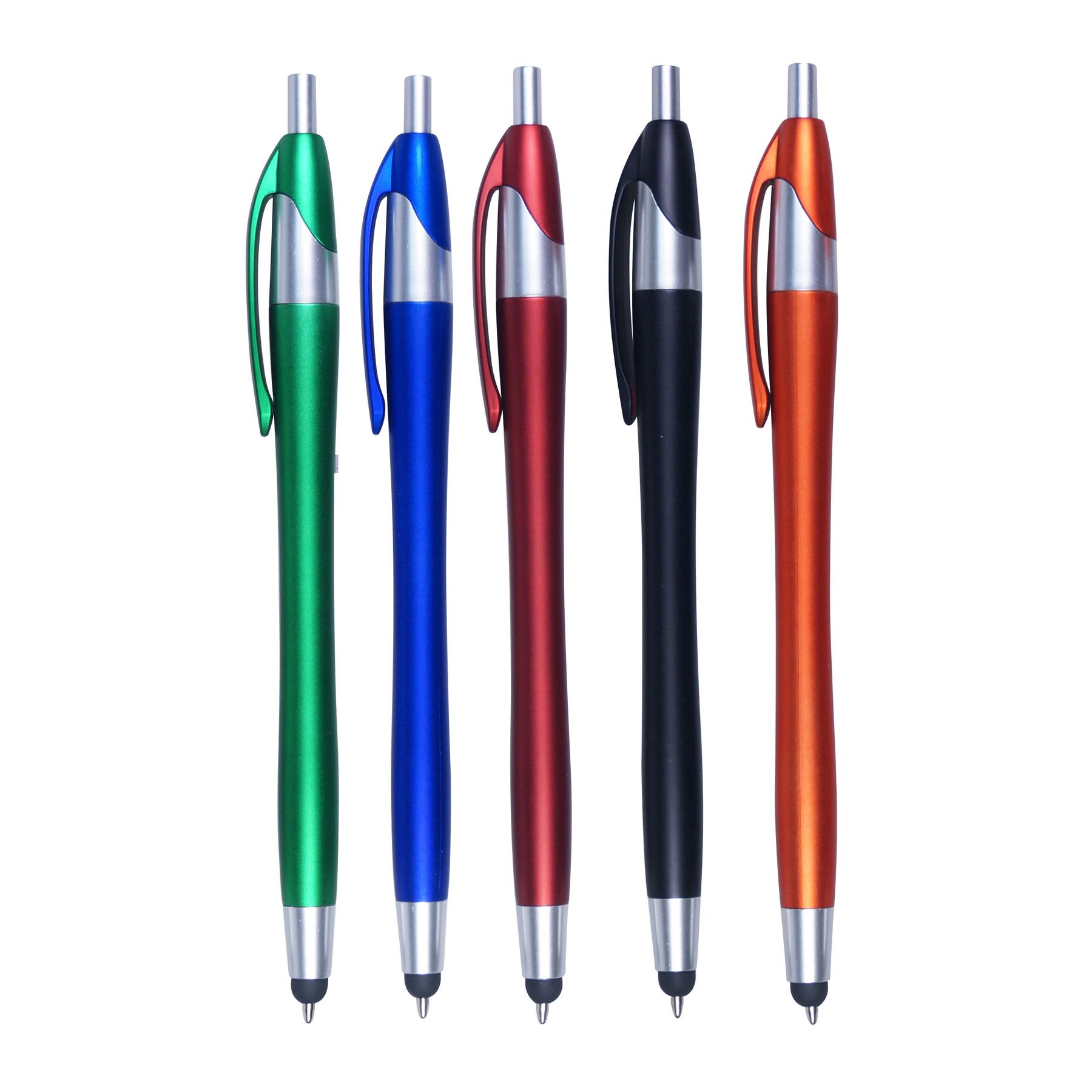 A set of five stylus pens in green, blue, red, black, and orange, featuring silver accents and a logo.