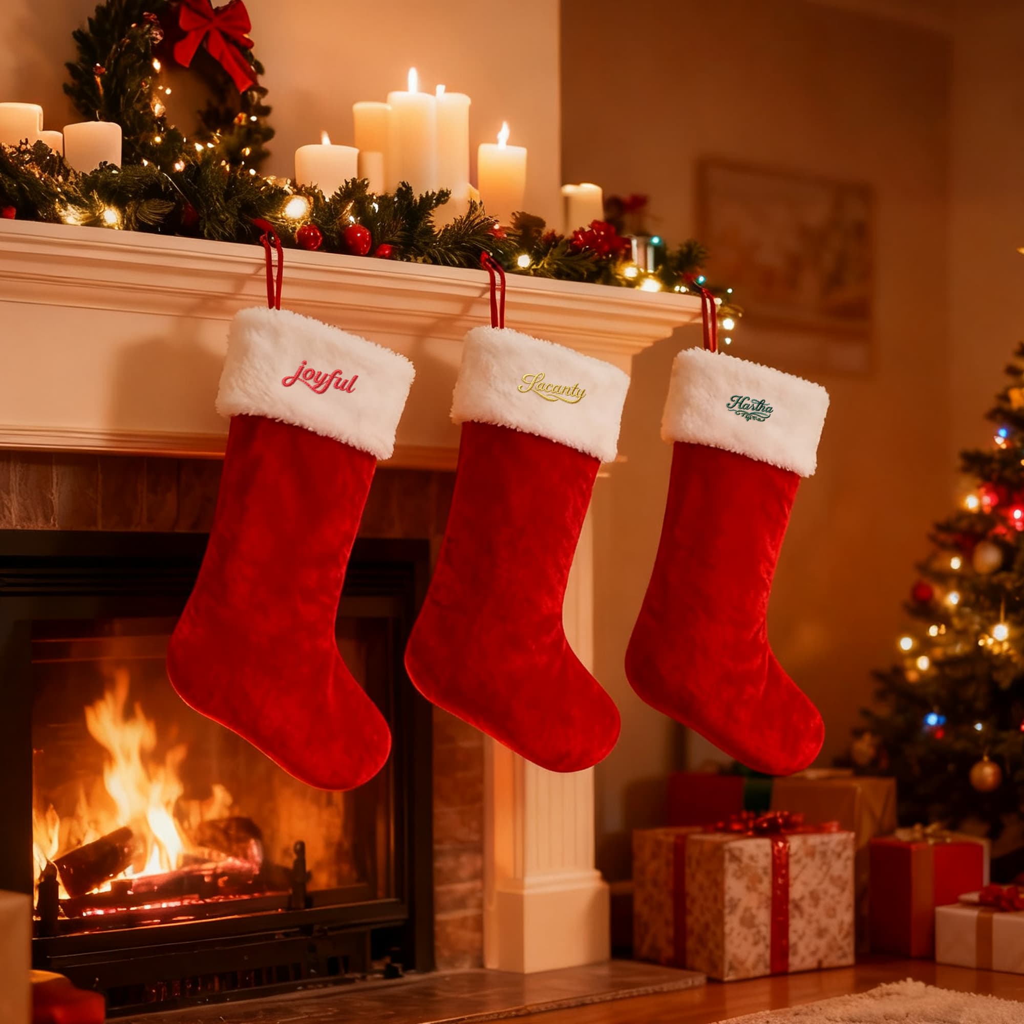Red and White Embroidered Christmas Stocking