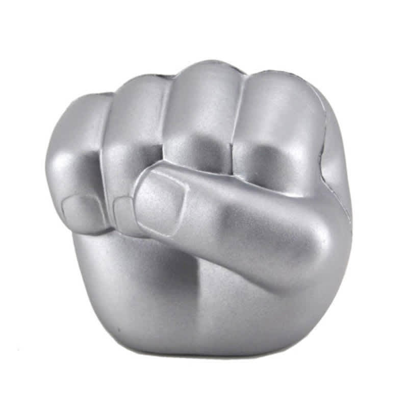 A silver clenched fist-shaped stress reliever with a smooth finish, designed for fun and stress relief.