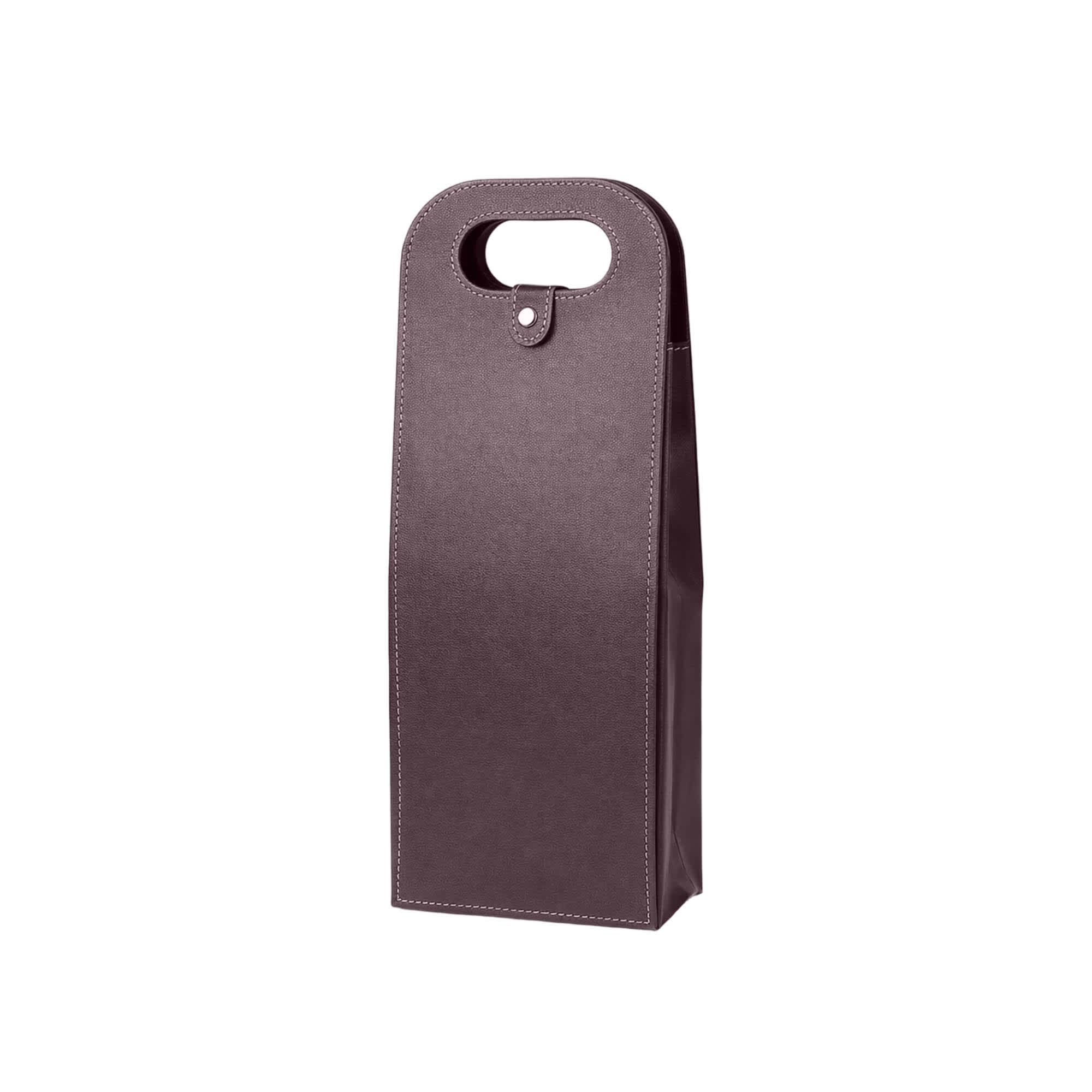 A drink bottle bag in a deep purple shade, designed to hold two wine bottles, featuring a handle and a snap closure.