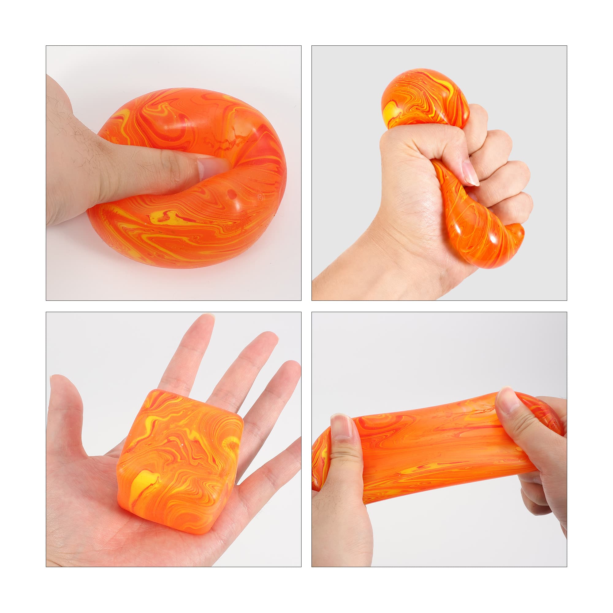 A colourful squishy stress relief cube in vibrant orange, featuring various shapes and textures. 