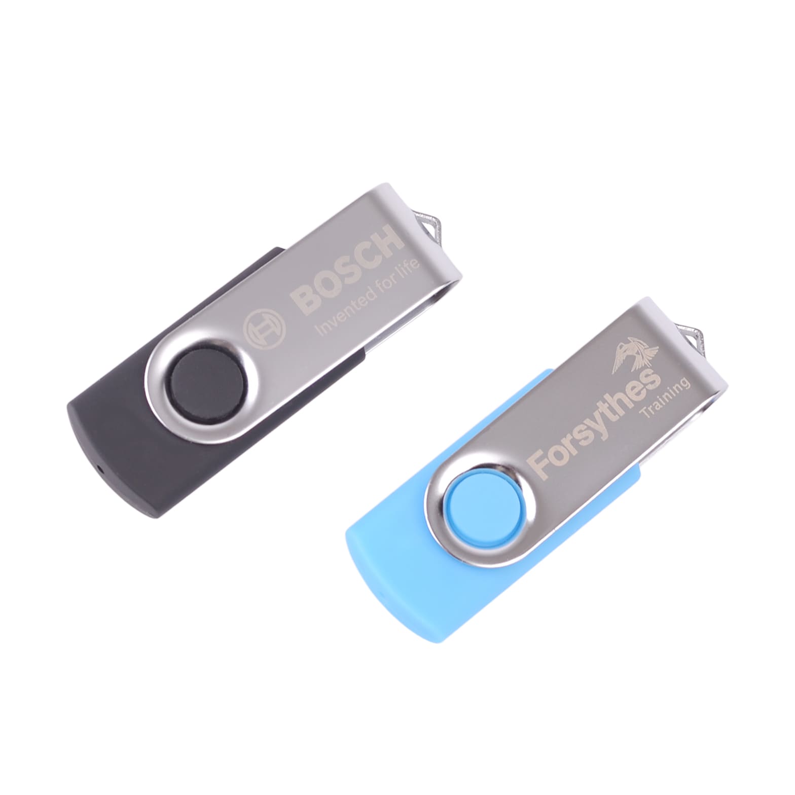 A pair of flash drives in black and light blue, featuring a swivel design and logos on their surfaces.