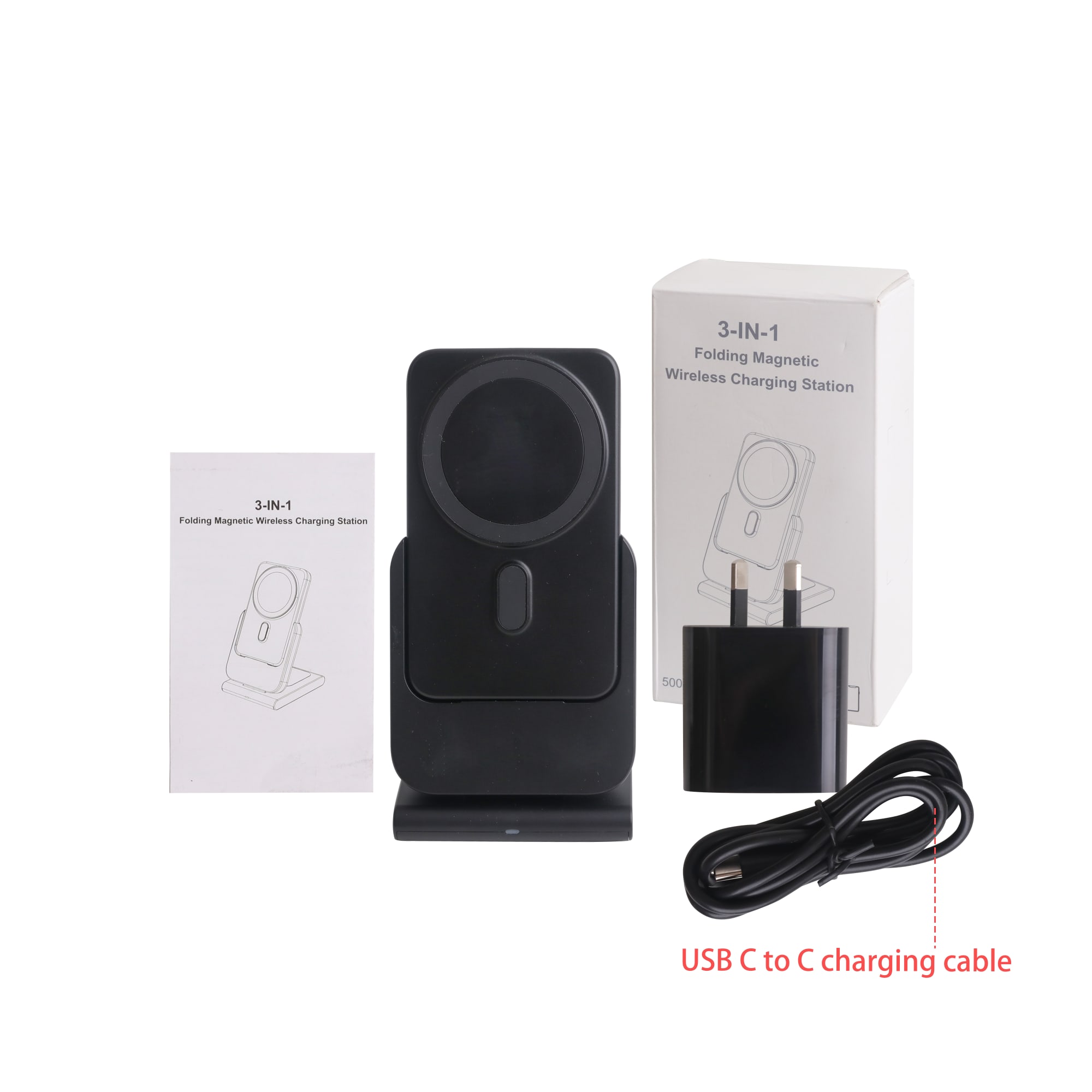 A black 3-in-1 power bank charging station with a wireless charger, USB-C cable, and packaging.